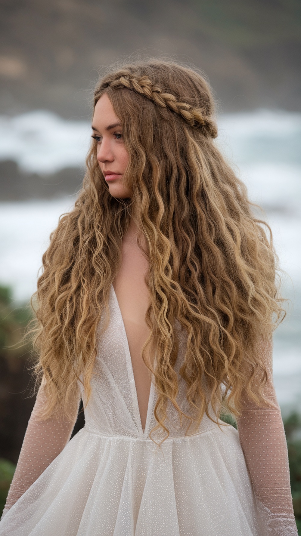 A woman with curly hair styled in a braided halo half up with voluminous curls, set against a beach backdrop.