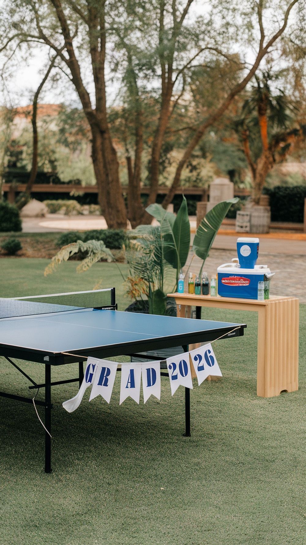 A backyard setup featuring a blue ping pong table with a graduation banner and a drink cooler.