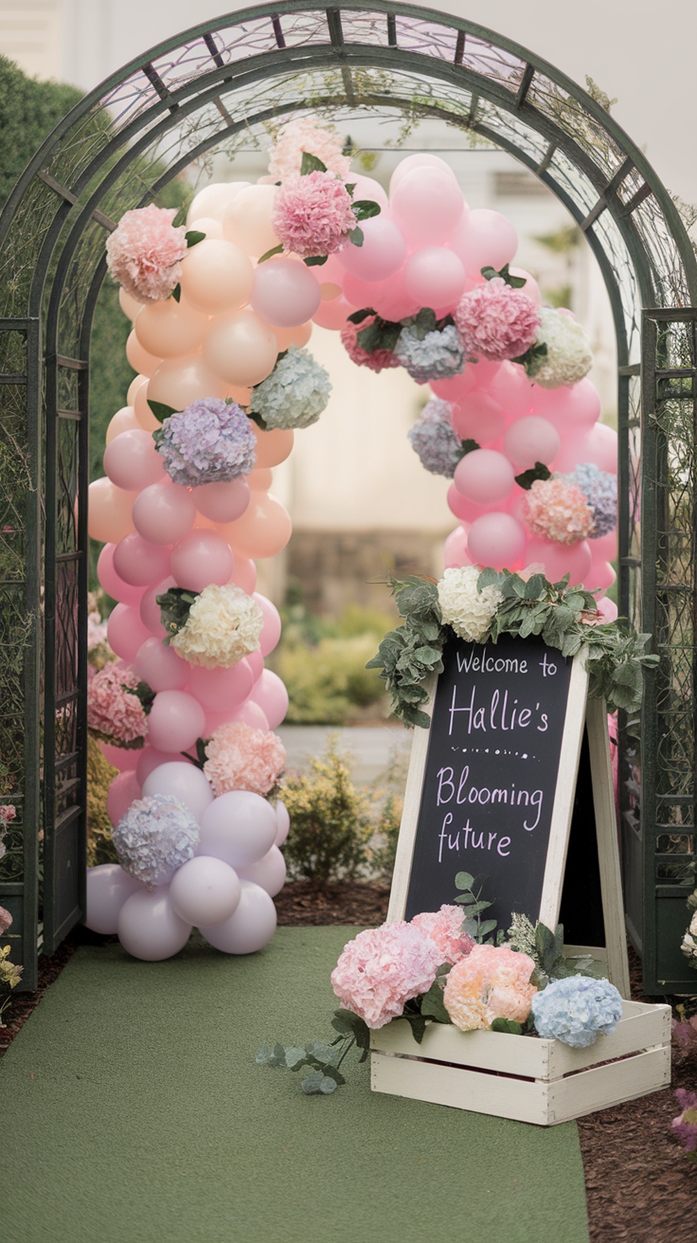A beautiful floral balloon garland entryway with pink and blue balloons, flowers, and a welcome sign.