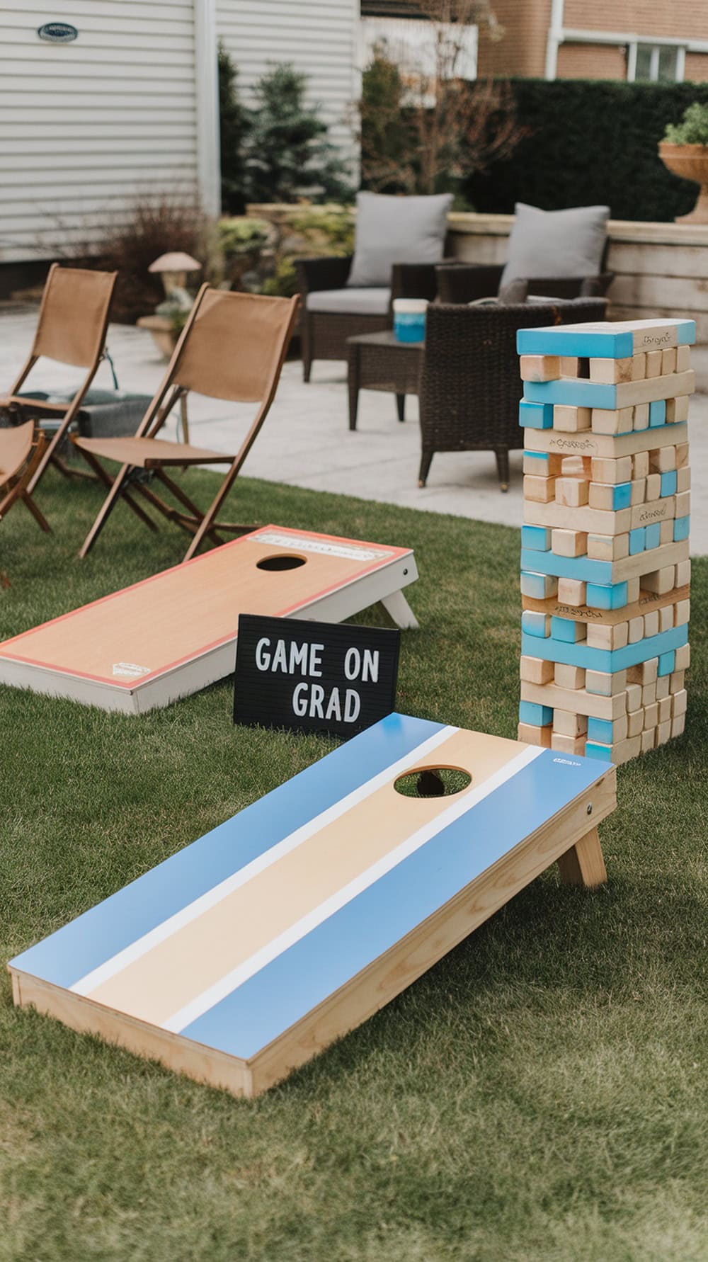 A backyard setup featuring cornhole boards, a giant Jenga set, and a sign that says 'GAME ON GRAD'.