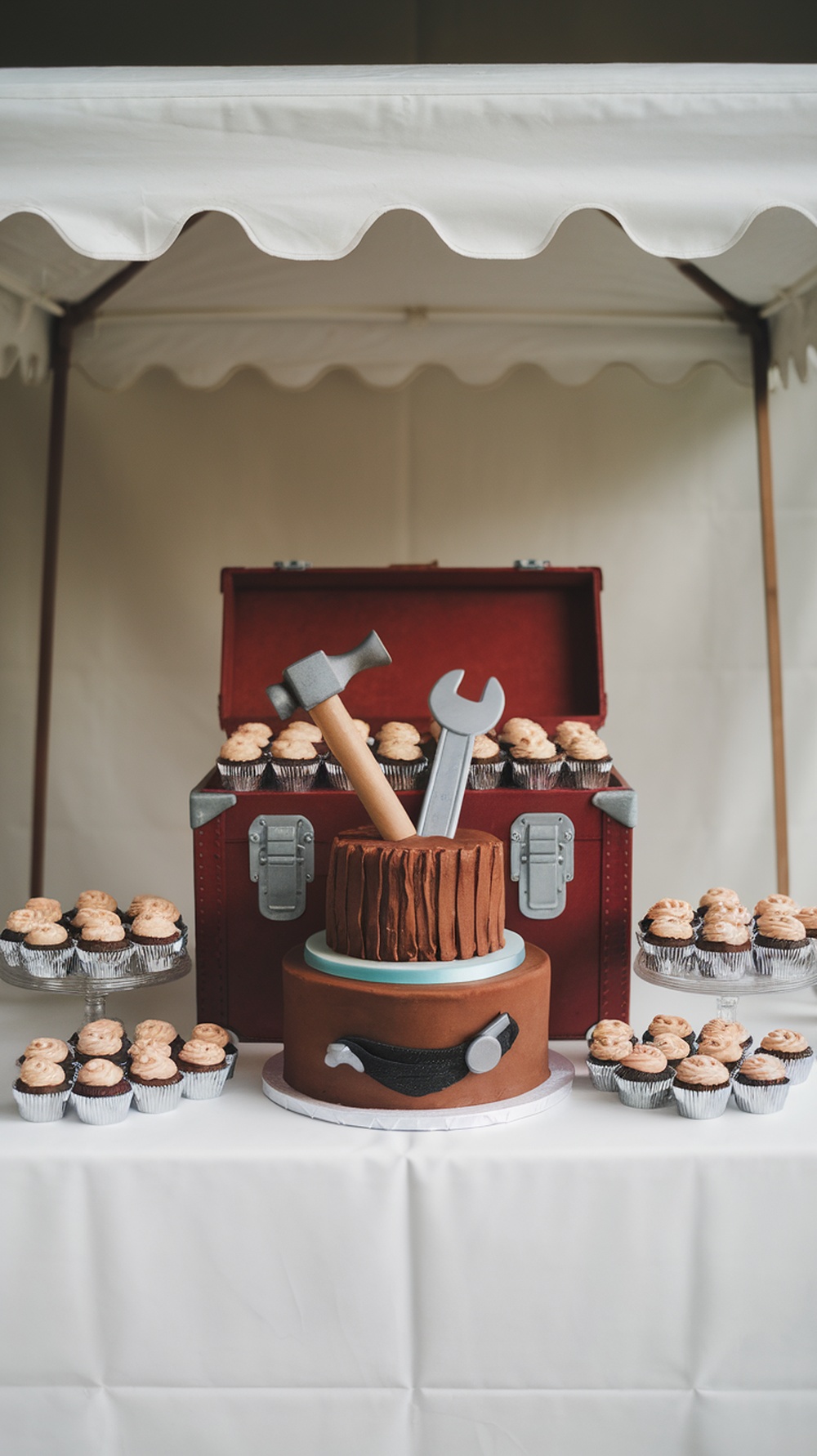A cake designed as a toolbox with a hammer and wrench on top, surrounded by cupcakes.