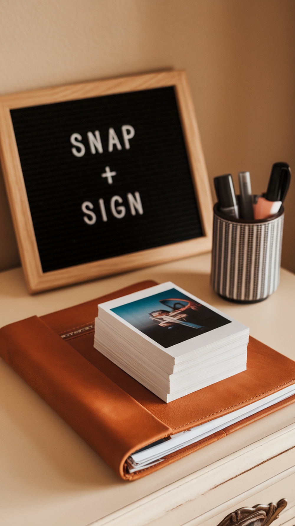 Polaroid guest book table with a sign that says 'SNAP + SIGN', a stack of Polaroid photos, and a pen holder.