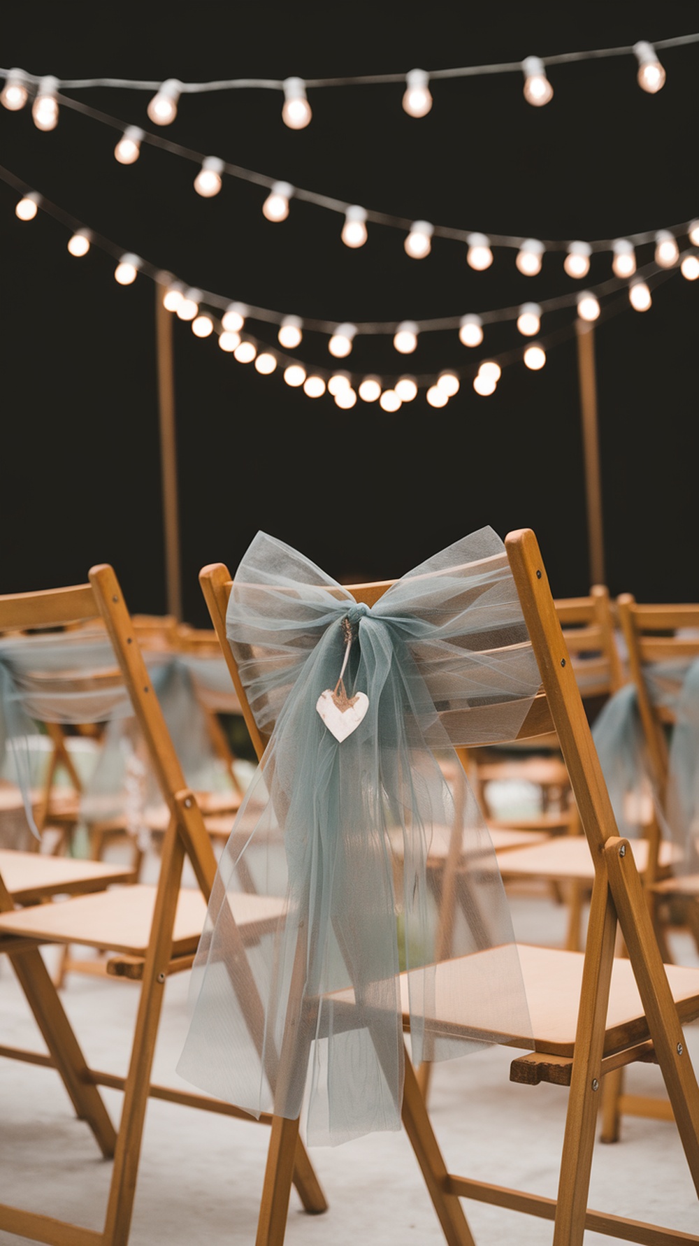 Wooden chairs with blue tulle bows tied around them, decorated with heart-shaped tags, under string lights.