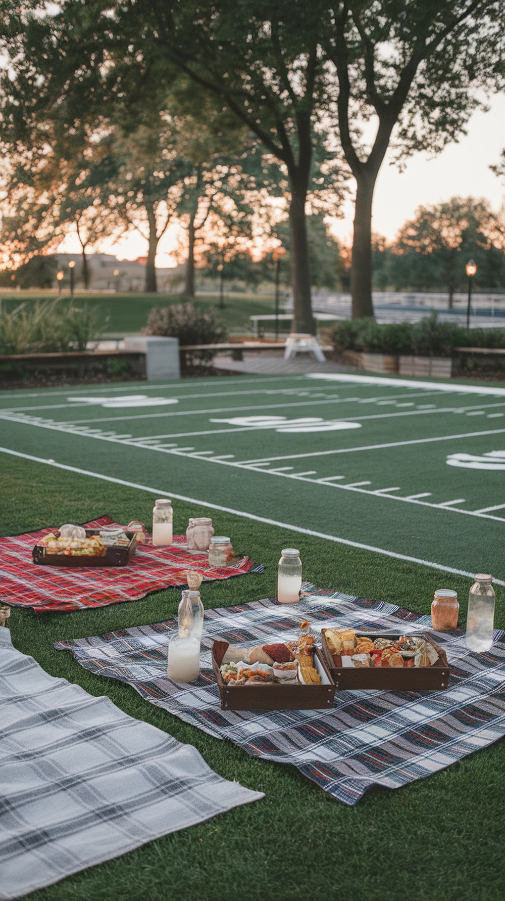 Picnic blankets set up on a football field with food and drinks.
