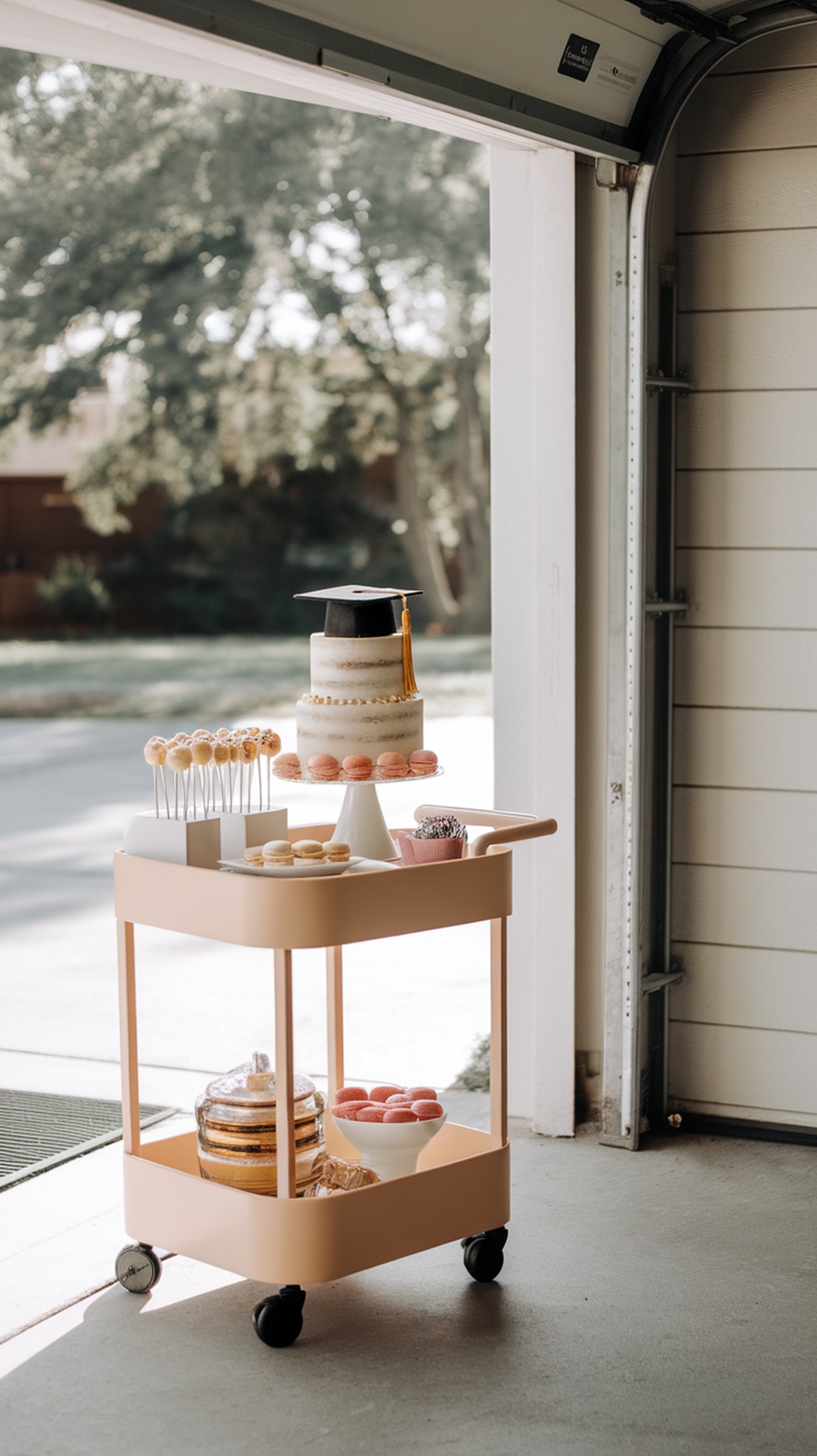 A dessert cart with a graduation cake, macarons, and cake pops near a garage entrance.