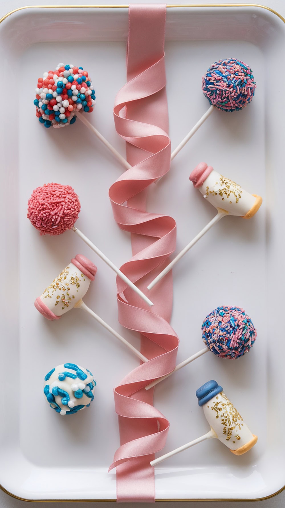 Colorful pink and gold cheerleader cake pops displayed on a tray with a pink ribbon.