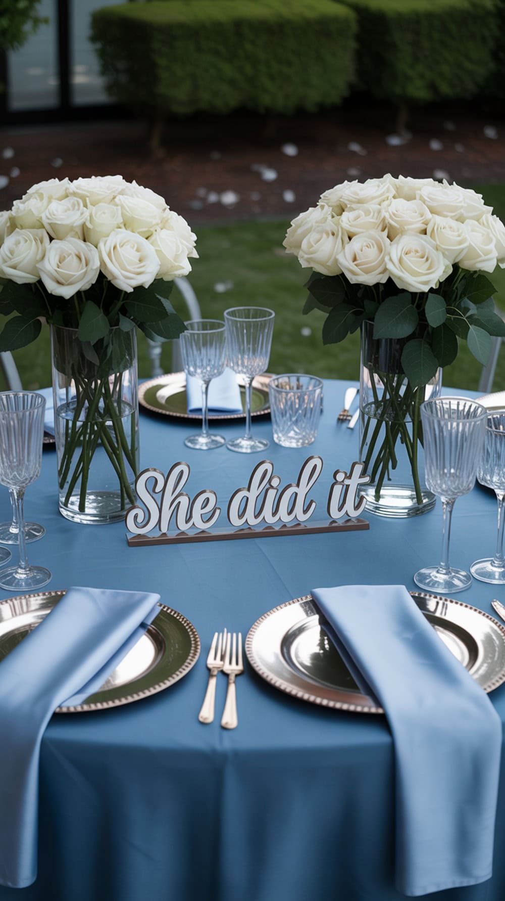 A beautifully arranged graduation party table featuring a blue tablecloth, silver plates, white roses, and elegant glassware.