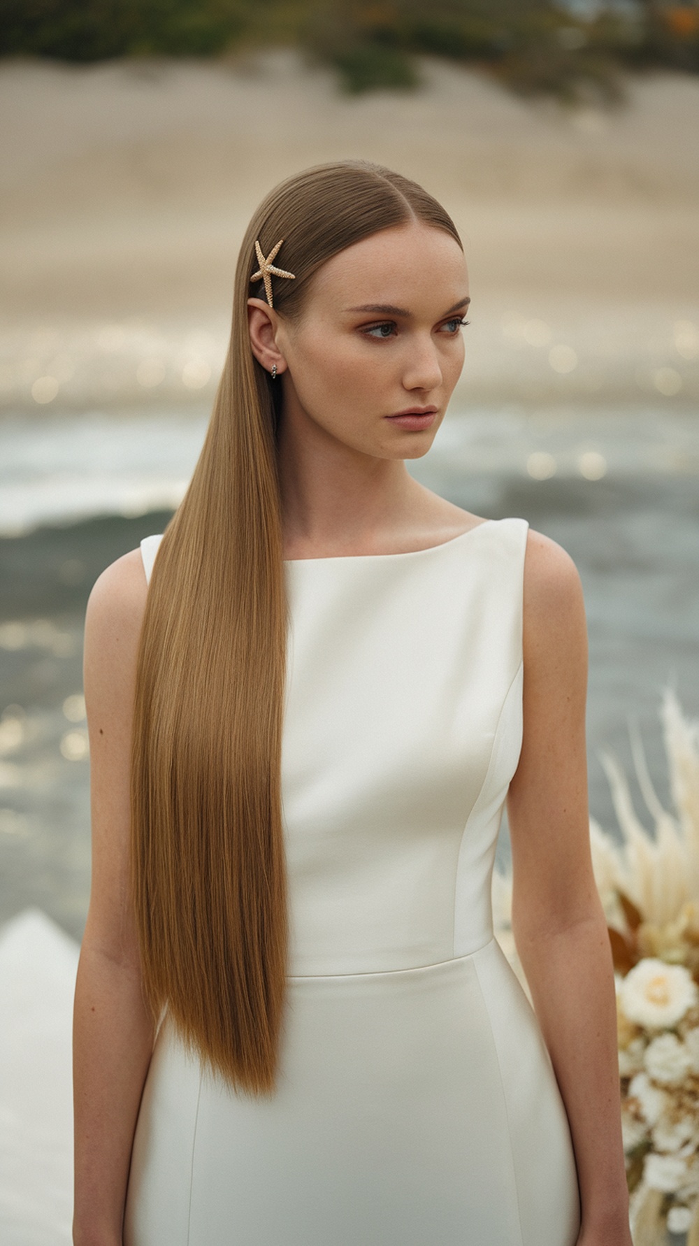 A bride with straight hair styled with a starfish hair comb, standing by the beach.