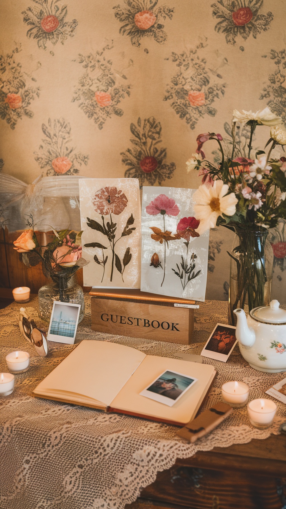 A beautifully arranged table with pressed flowers, a guestbook, candles, and photographs, perfect for a graduation party.