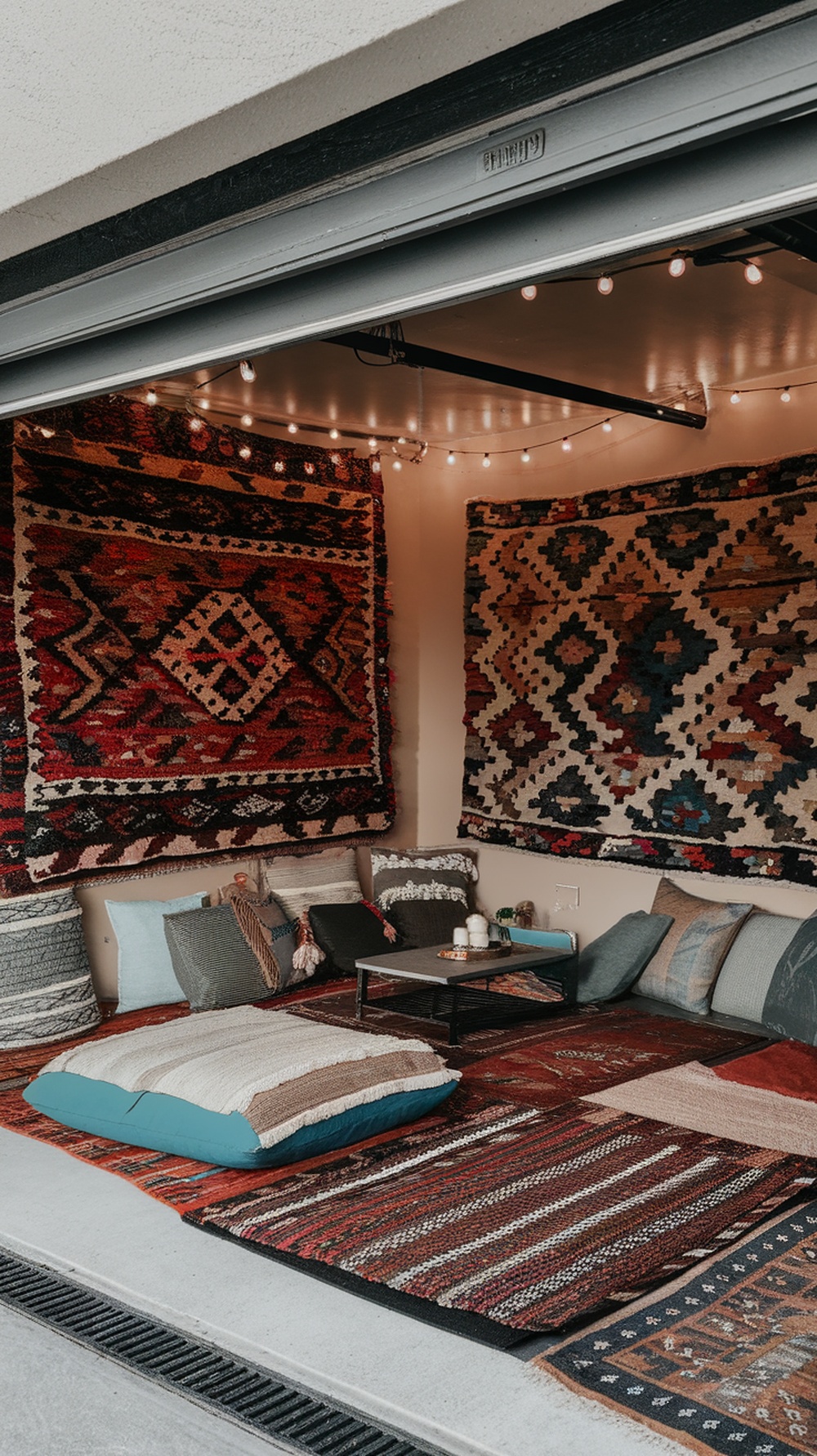 Cozy garage lounge area with rugs and string lights, featuring cushions and a low table.