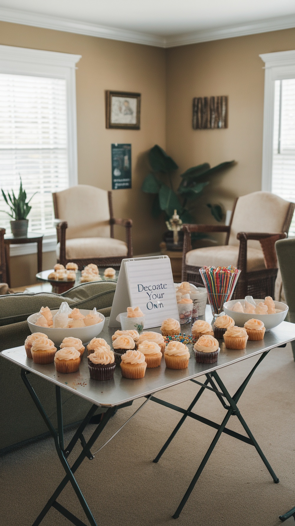 A DIY cupcake decorating table with various cupcakes, frosting, and toppings in a cozy living room setting.