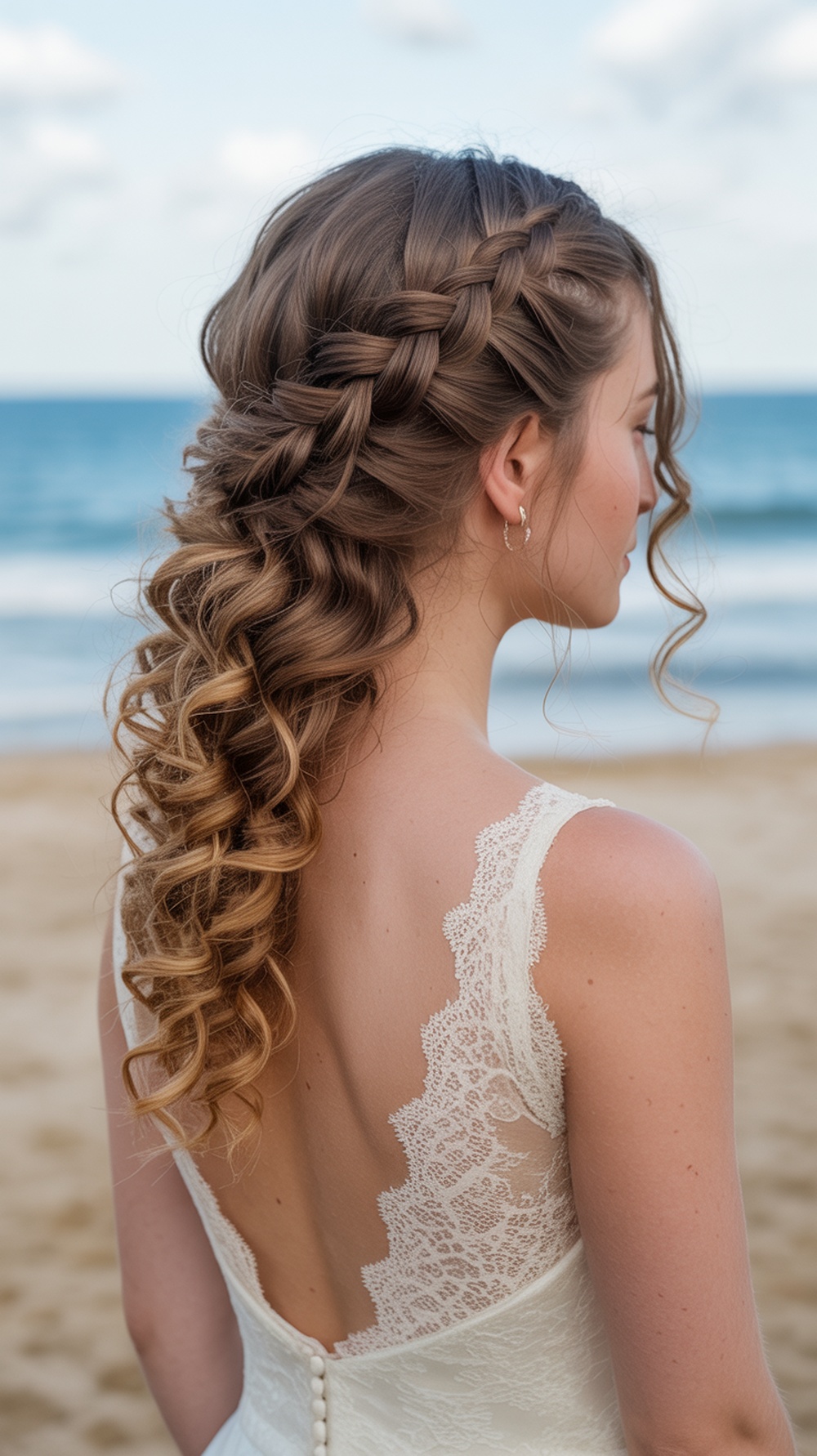 A woman with curly hair styled in a braided side sweep half up hairstyle, perfect for a beach wedding.