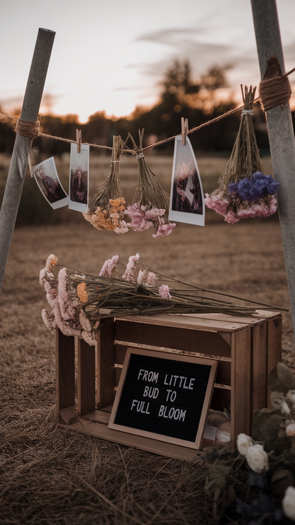 A setup featuring dried flowers and photos on a clothesline for a graduation party.