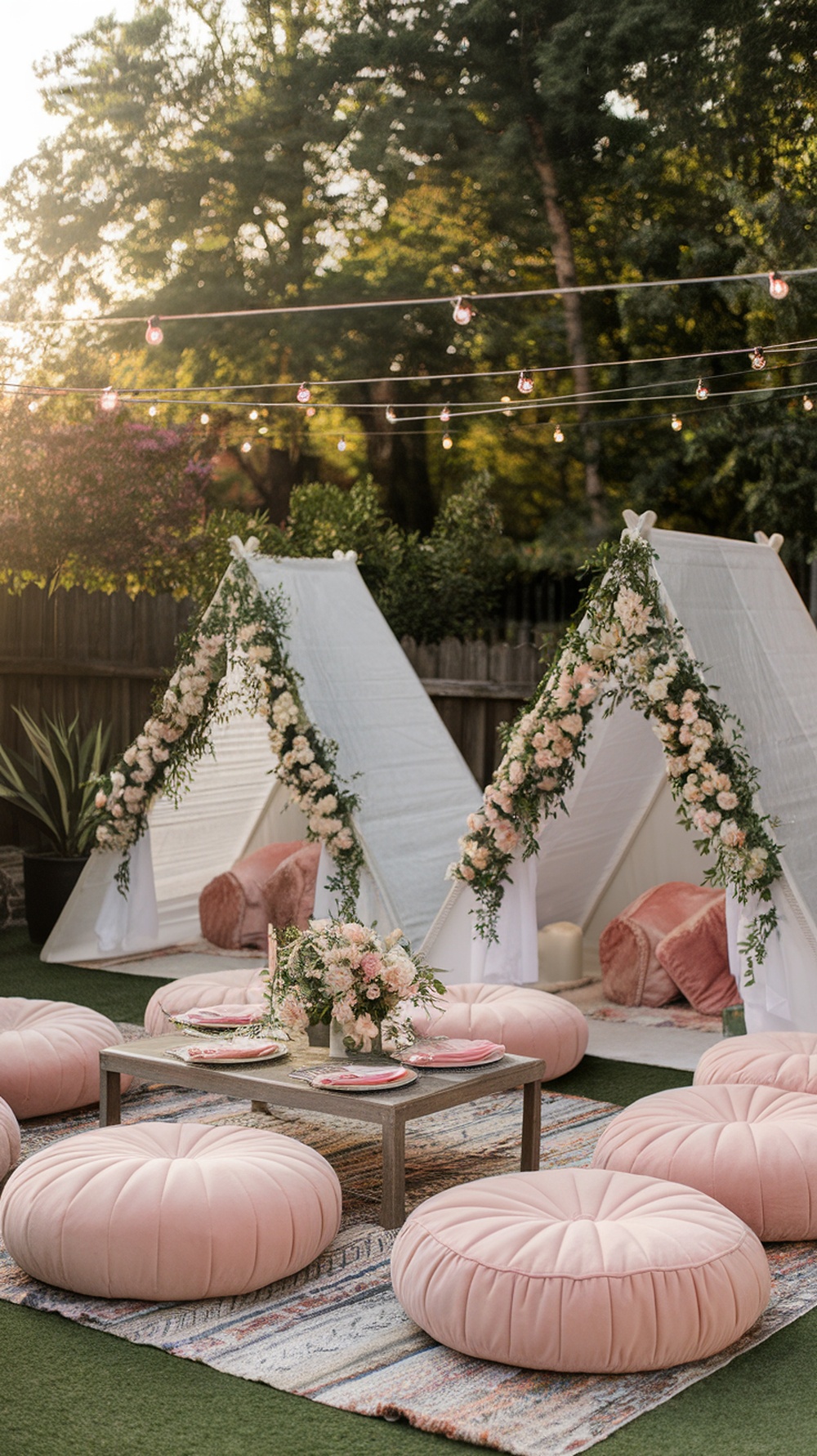 Boho picnic table setup with pink cushions and floral decorations