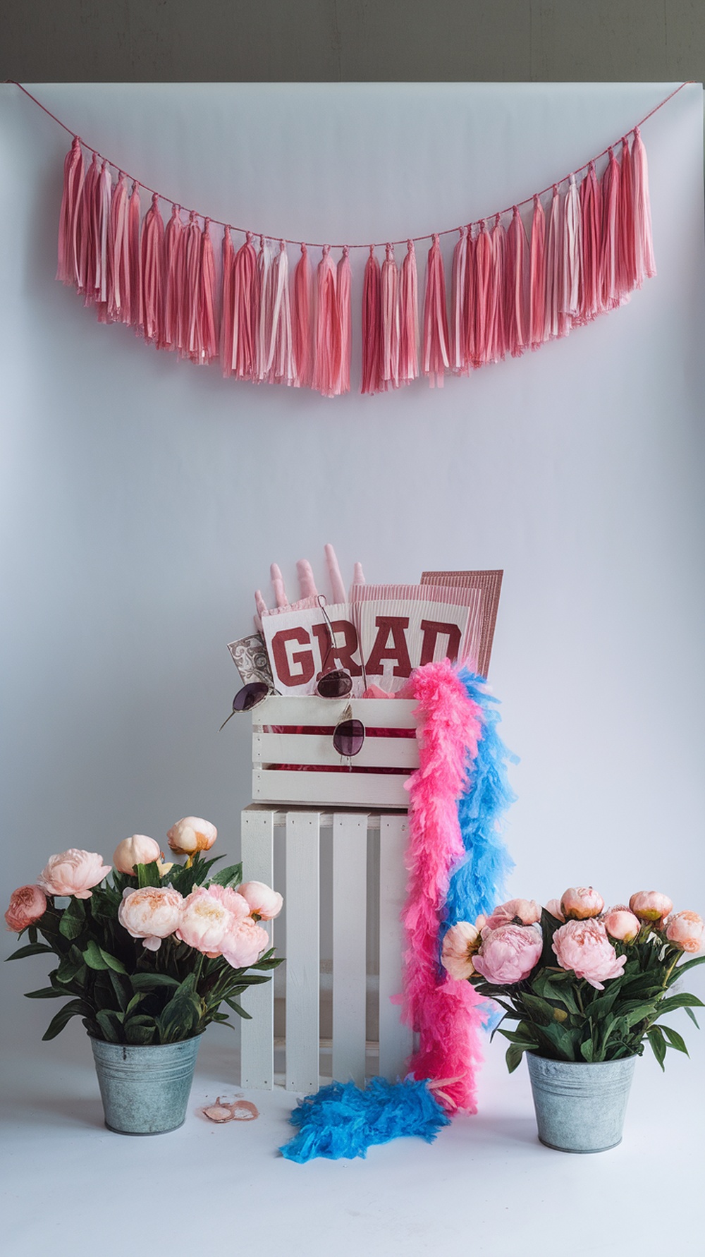 Backyard photo booth setup with pink tassels, a 'GRAD' sign, sunglasses, and flowers.