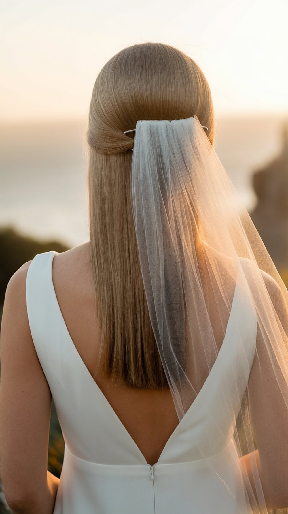 A bride with straight hair styled with a center veil clip, showcasing a beautiful beach backdrop.