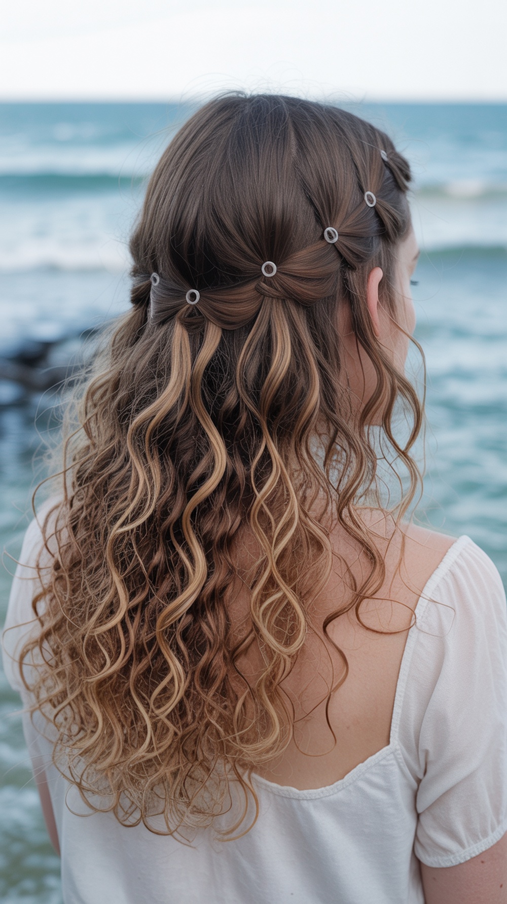 A woman with curly hair styled in a half up bubble accent hairstyle, wearing a light dress, standing by the beach.