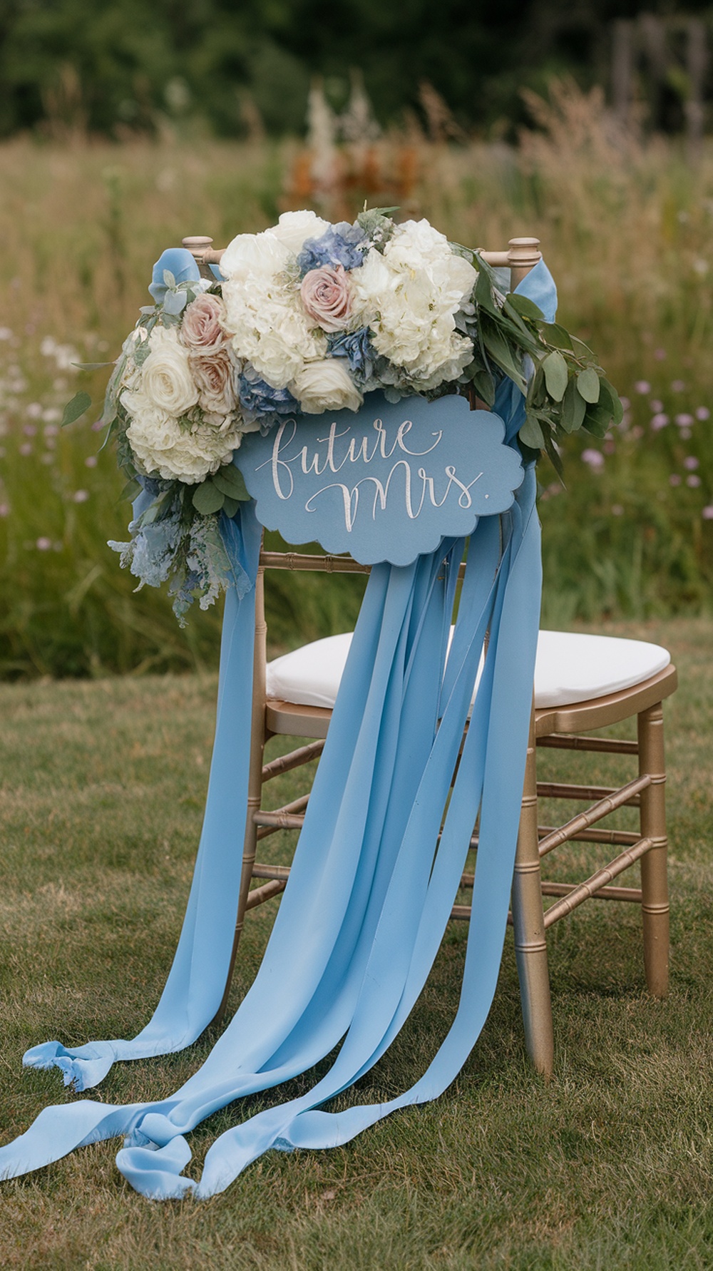 Decorated chair for bride at bridal shower with blue ribbons and flowers