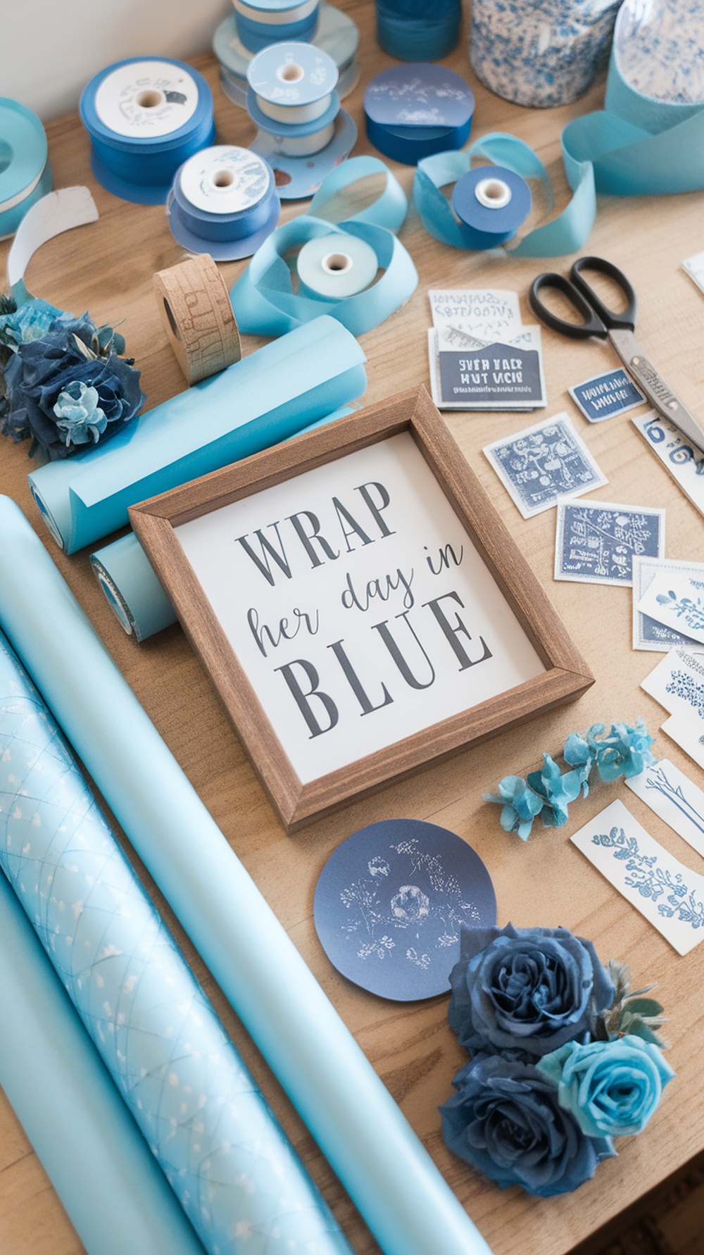 A gift wrapping station with various shades of blue wrapping paper, ribbons, and a sign that says 'Wrap Her Day in Blue'.