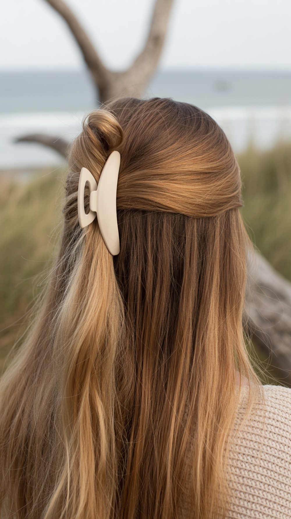 A woman with straight hair styled in a minimalist claw clip twist, showcasing a simple and elegant beach wedding hairstyle.