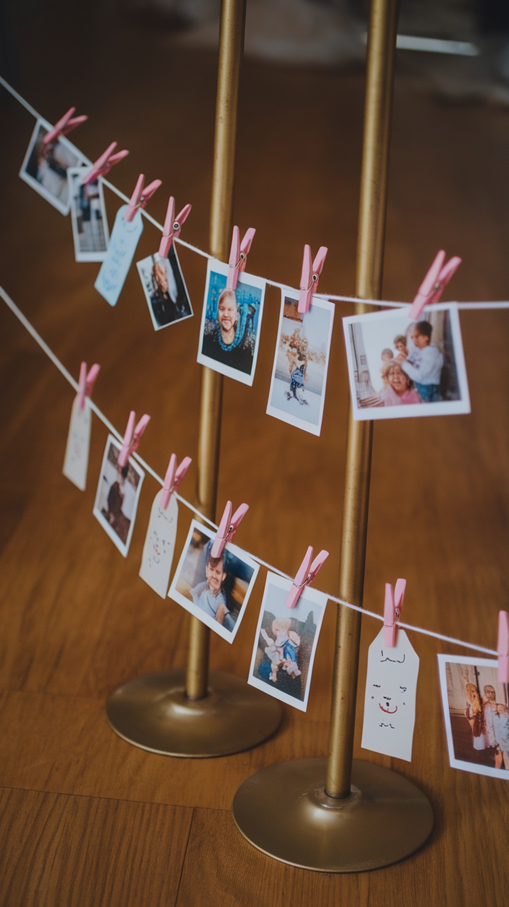 A photo timeline clothesline display with pink clothespins holding various photos.