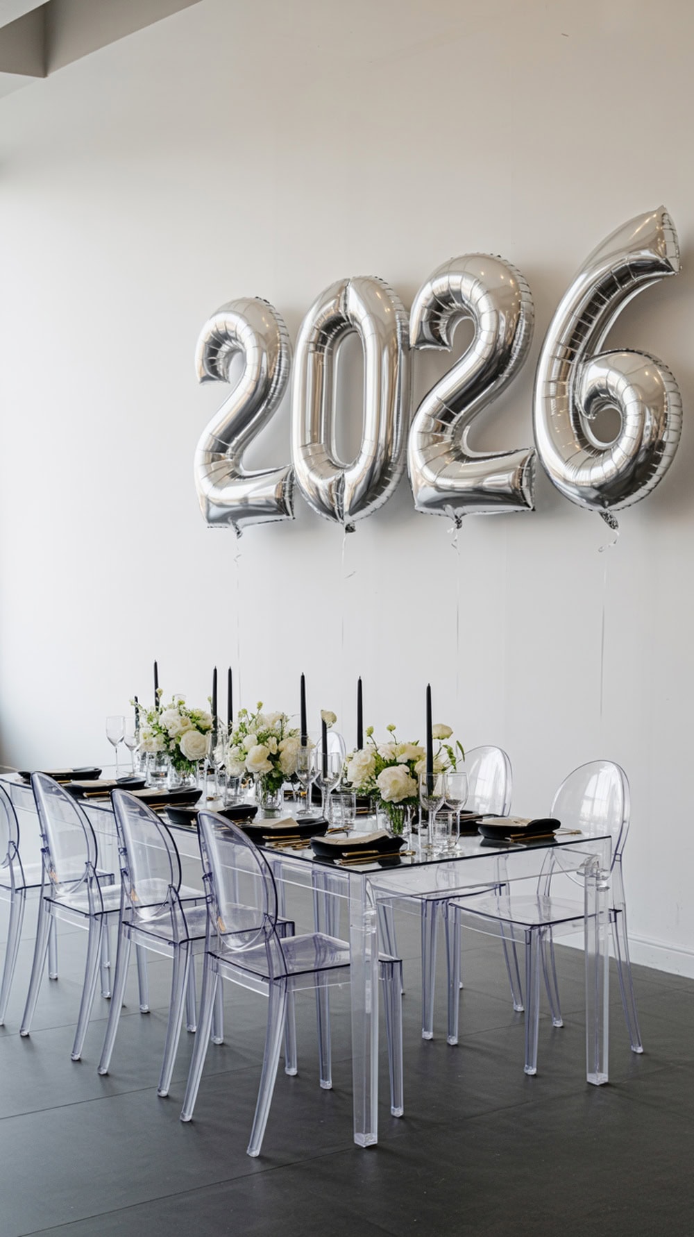 A modern graduation table setup featuring clear acrylic furniture, black plates, gold utensils, and white floral arrangements, with silver balloons reading '2026' in the background.