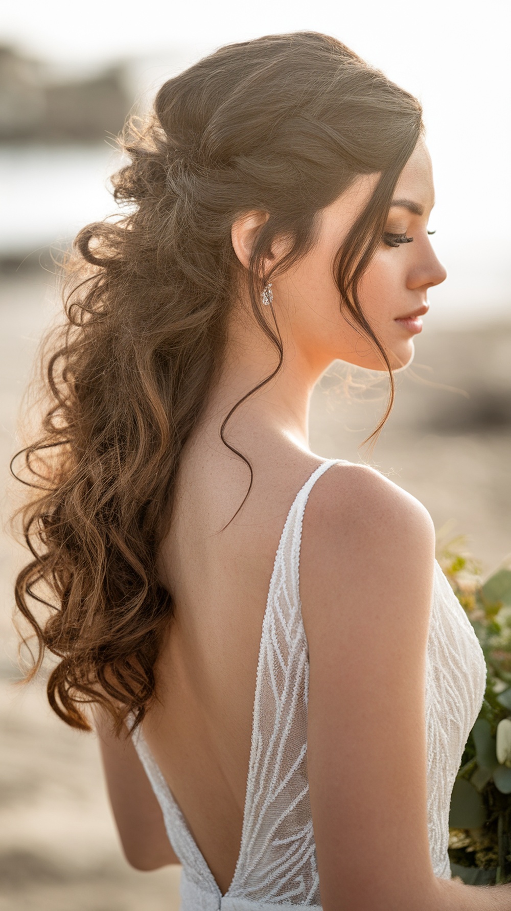 A woman with curly hair styled in a side-part half up with volume crown, showcasing a beach wedding hairstyle.