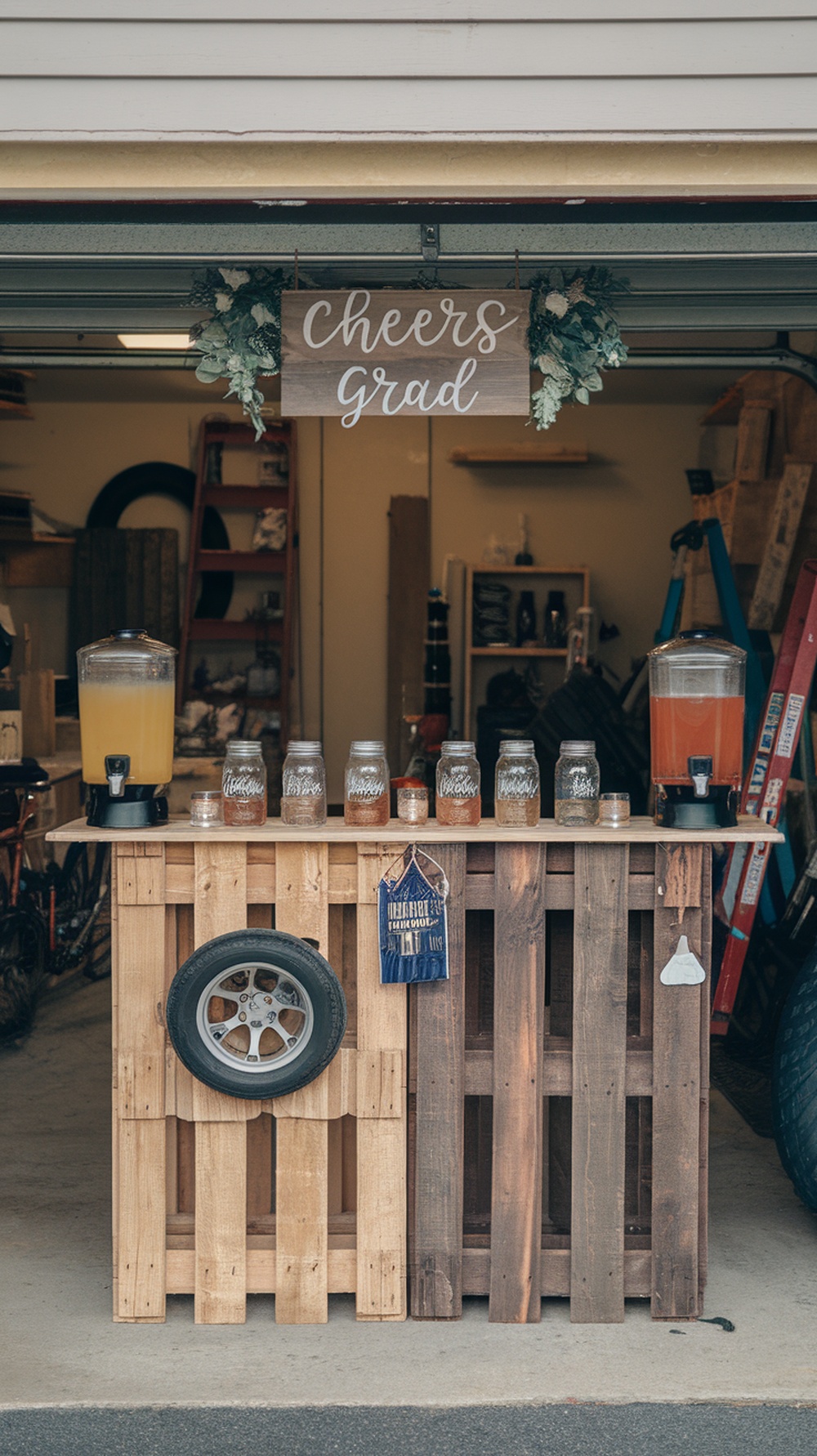 A rustic pallet bar setup in a garage with a sign that says 'Cheers Grad', featuring drink dispensers and mason jars.