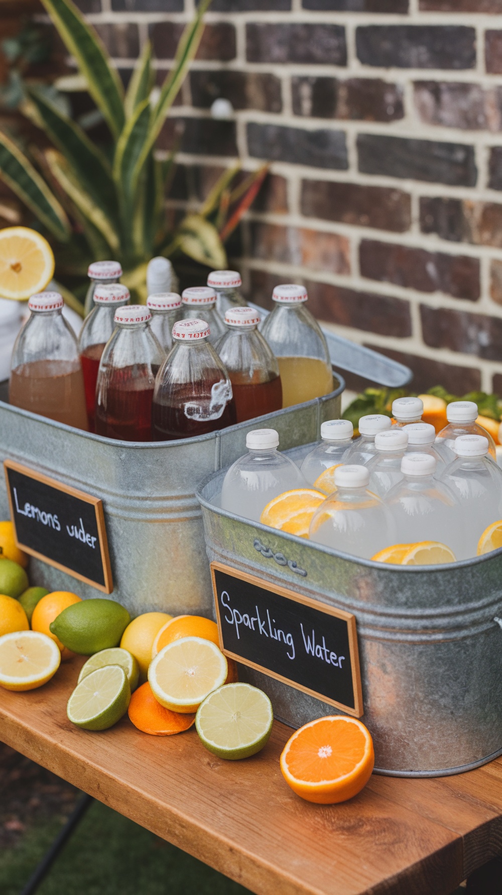 A rustic beverage trough table with drinks and citrus fruits for an outdoor graduation party.