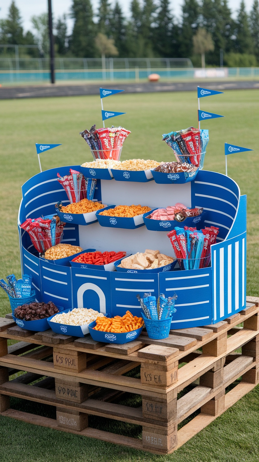 A colorful snack stadium tower filled with various snacks for a football graduation party.