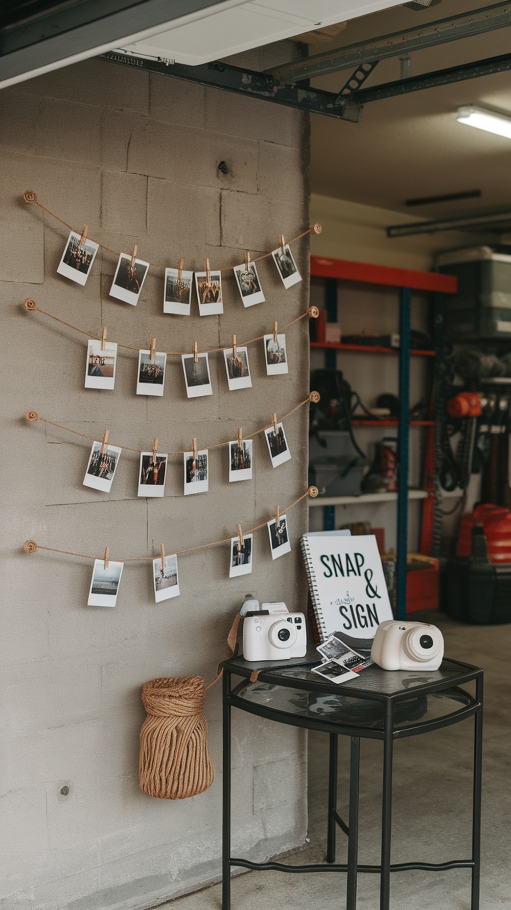 A Polaroid memory wall setup in a garage with photos hanging on twine and a table with cameras and a sign.