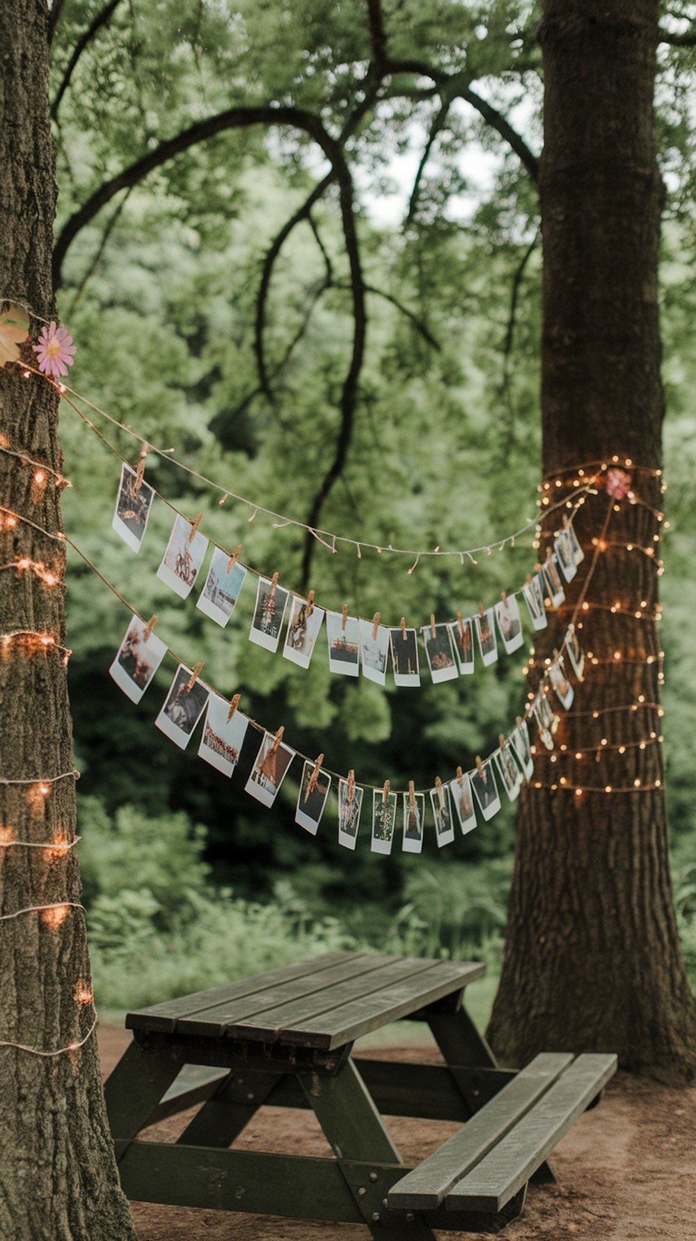 A string photo display with pictures hung between two trees, adorned with fairy lights.