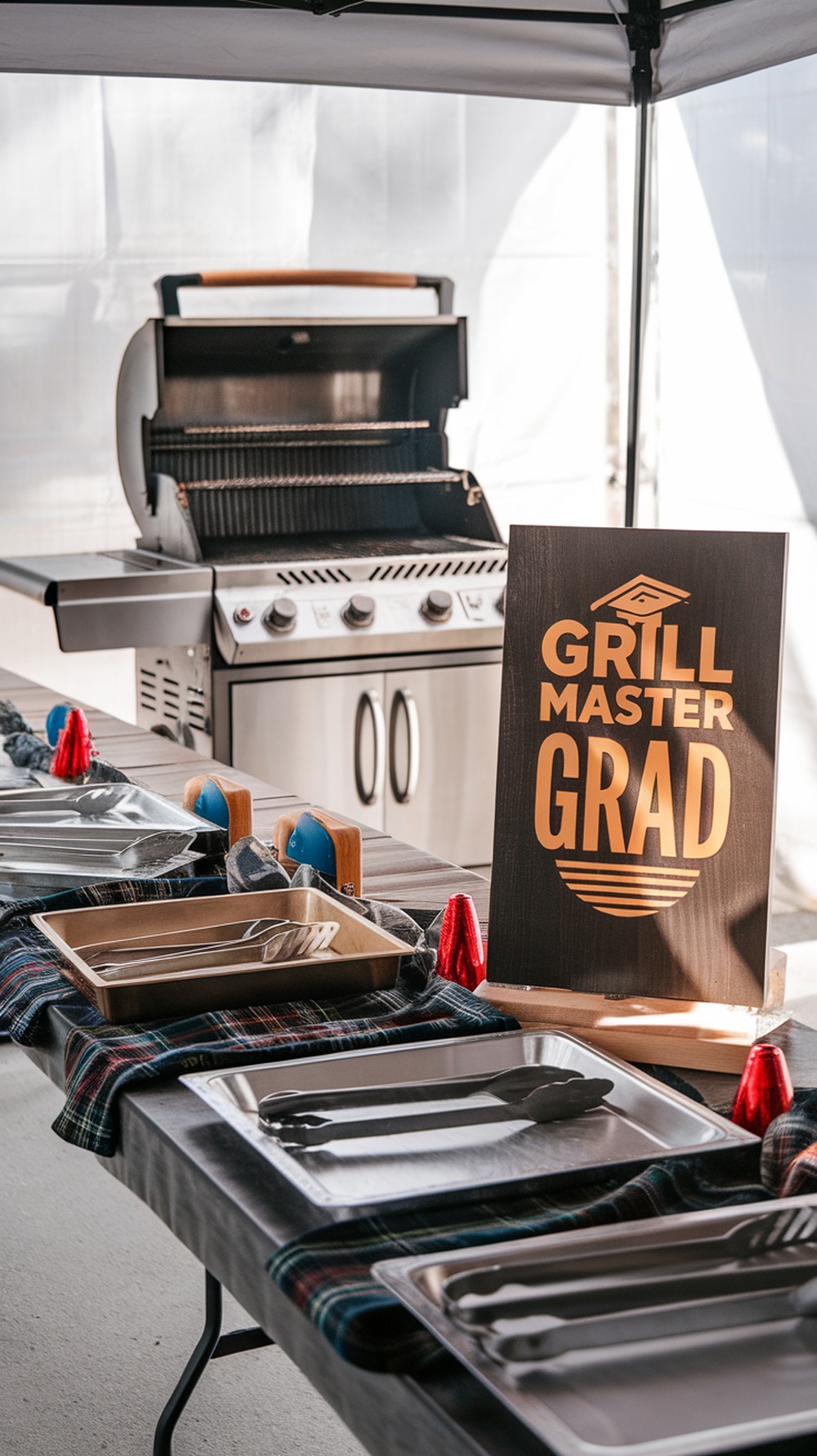 A backyard grill setup for a graduation party featuring a grill, serving trays, and a sign that says 'GRILL MASTER GRAD.'