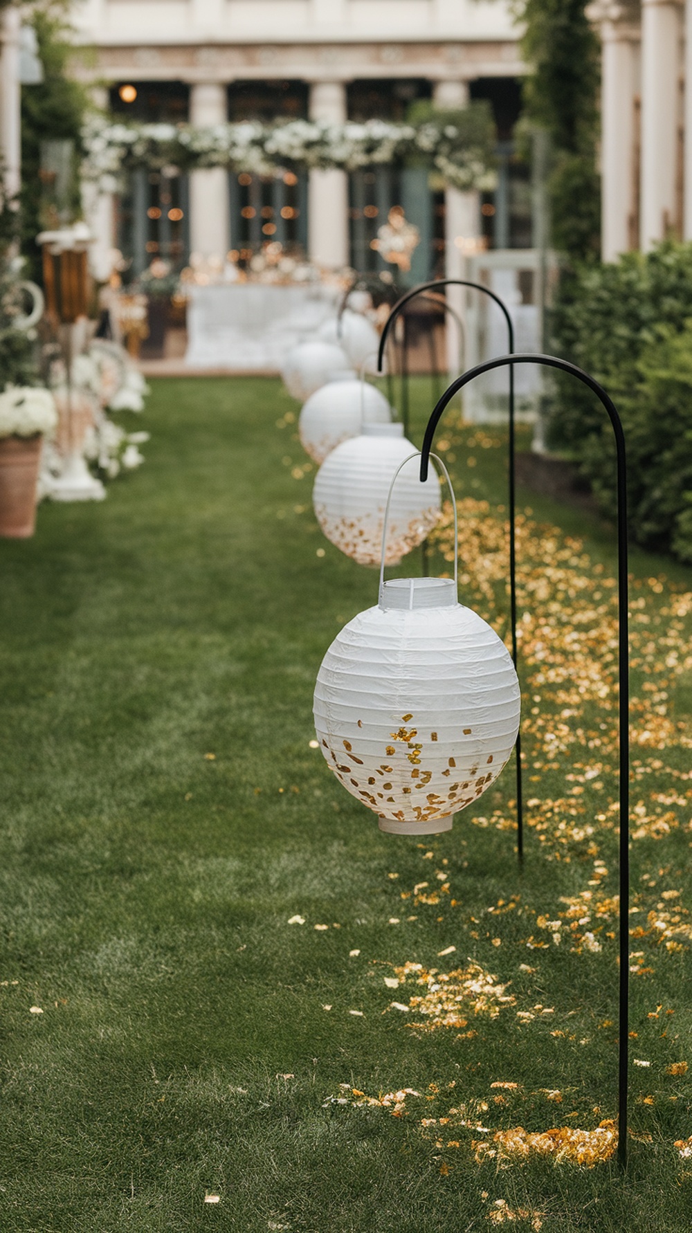 A beautiful outdoor walkway decorated with white lanterns and golden accents, leading through a garden.