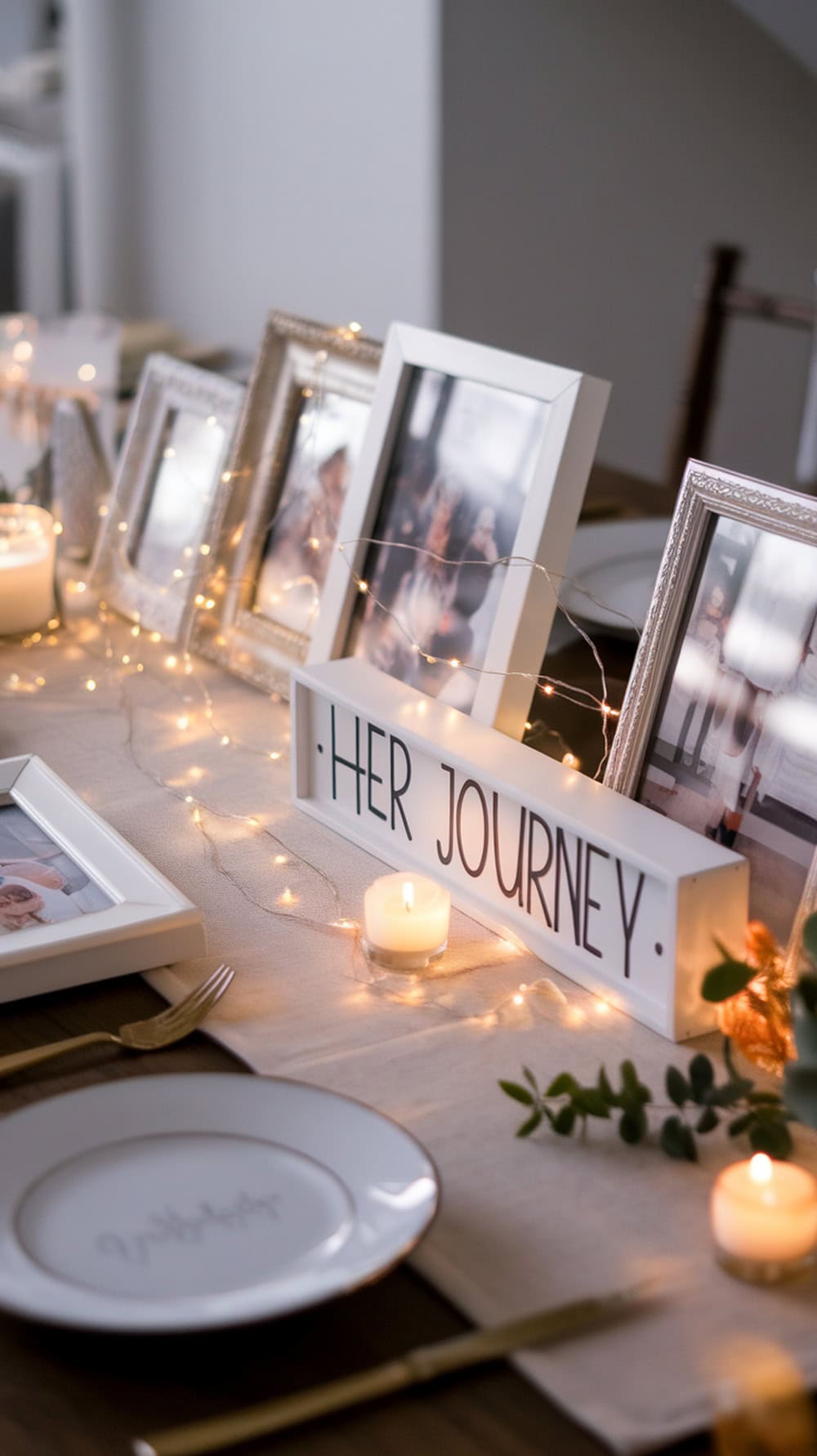 A beautifully arranged dining room memory table with framed photos, fairy lights, and candles.