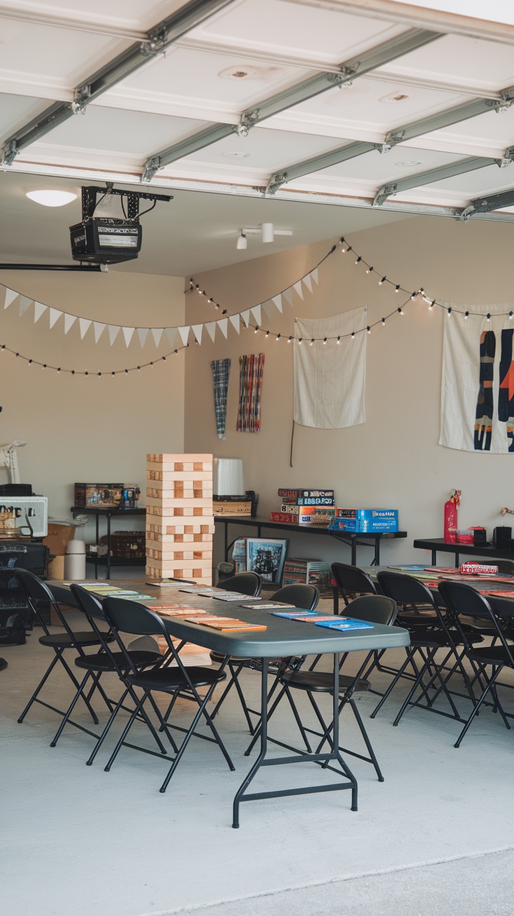 A garage set up for a game night with tables, chairs, and various board games.