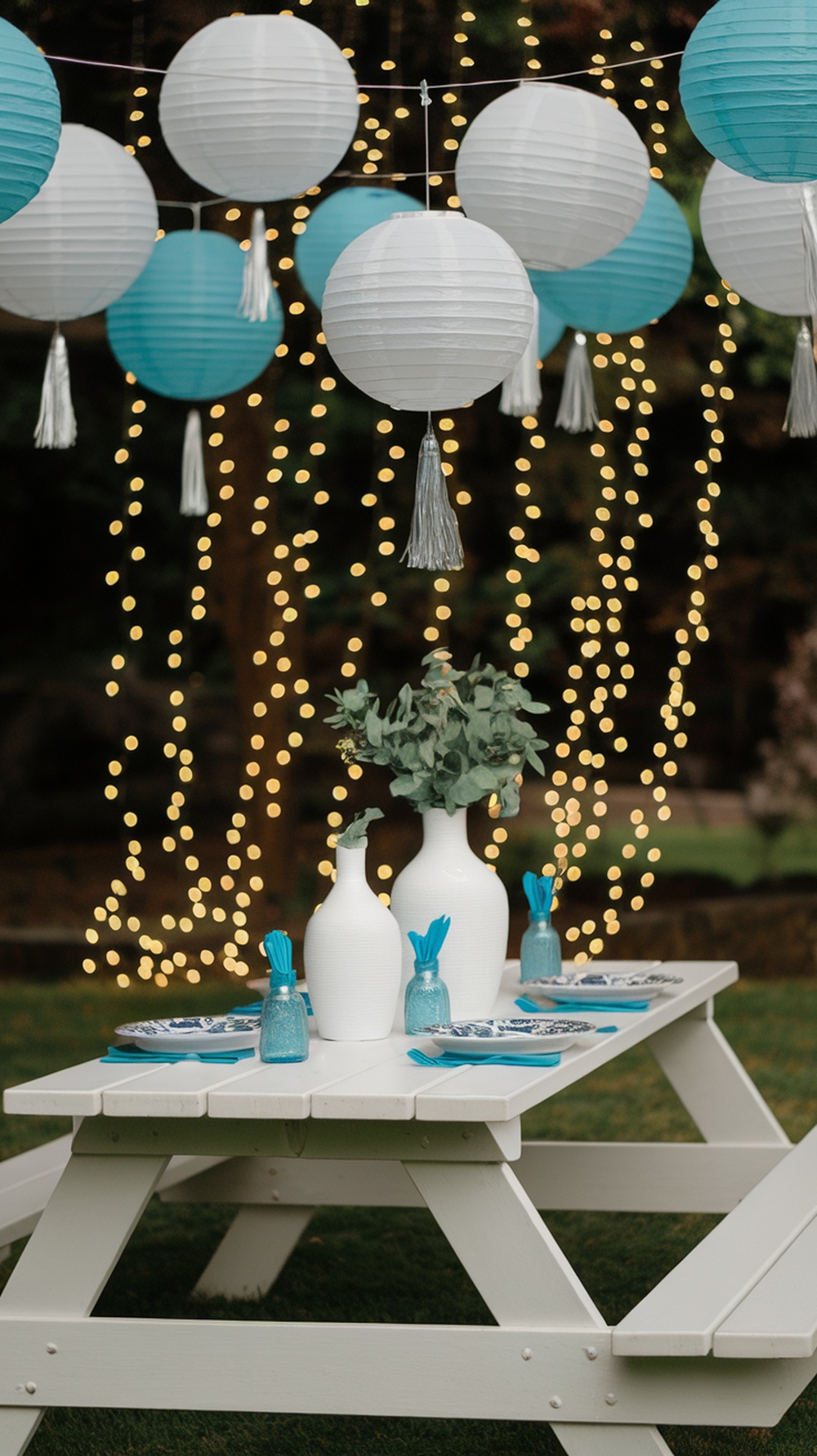 Sky blue hanging paper lanterns with fairy lights at a bridal shower