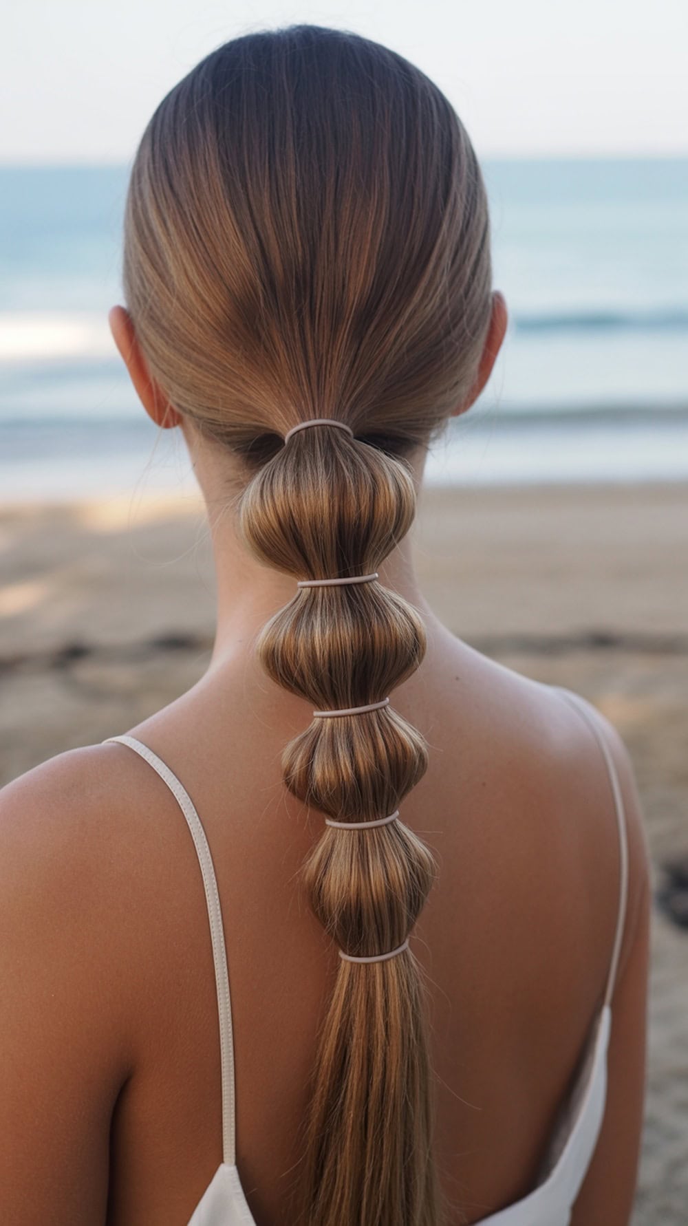 A low bubble ponytail hairstyle on straight hair, showcasing a playful and elegant look suitable for a beach wedding.