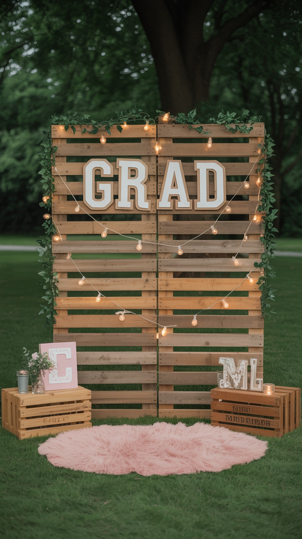 Outdoor pallet photo backdrop with wooden pallets, fairy lights, and a pink rug
