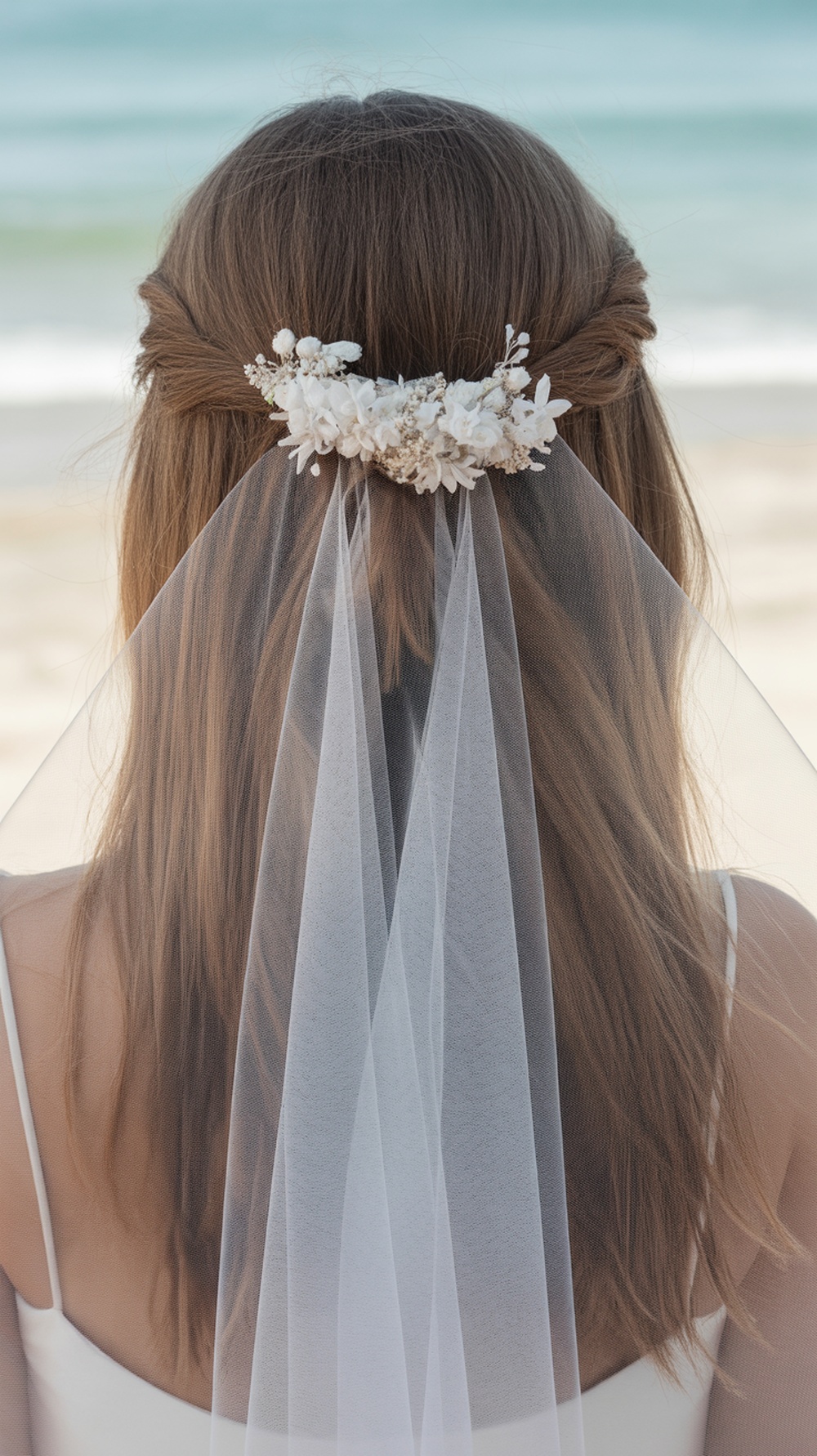 A bride with sleek straight hair adorned with a floral comb and veil, standing on the beach.