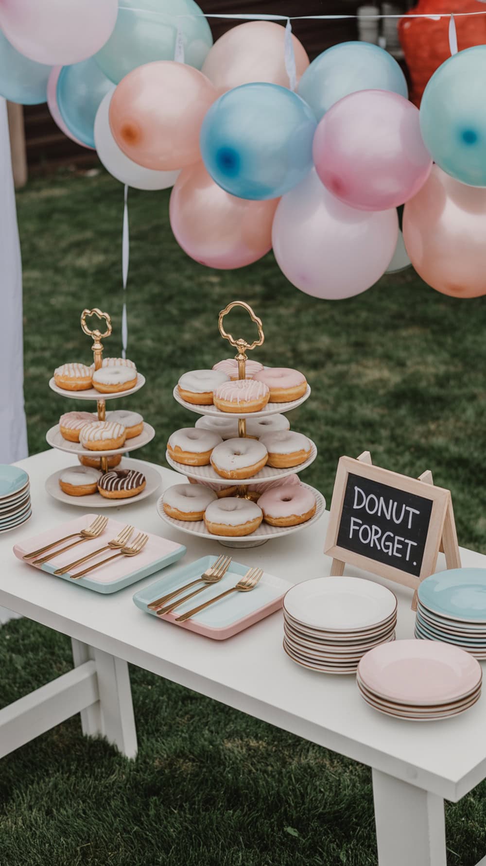A beautifully arranged donut bar with tiered stands of donuts, pastel plates, and a sign that says 'DONUT FORGET'.