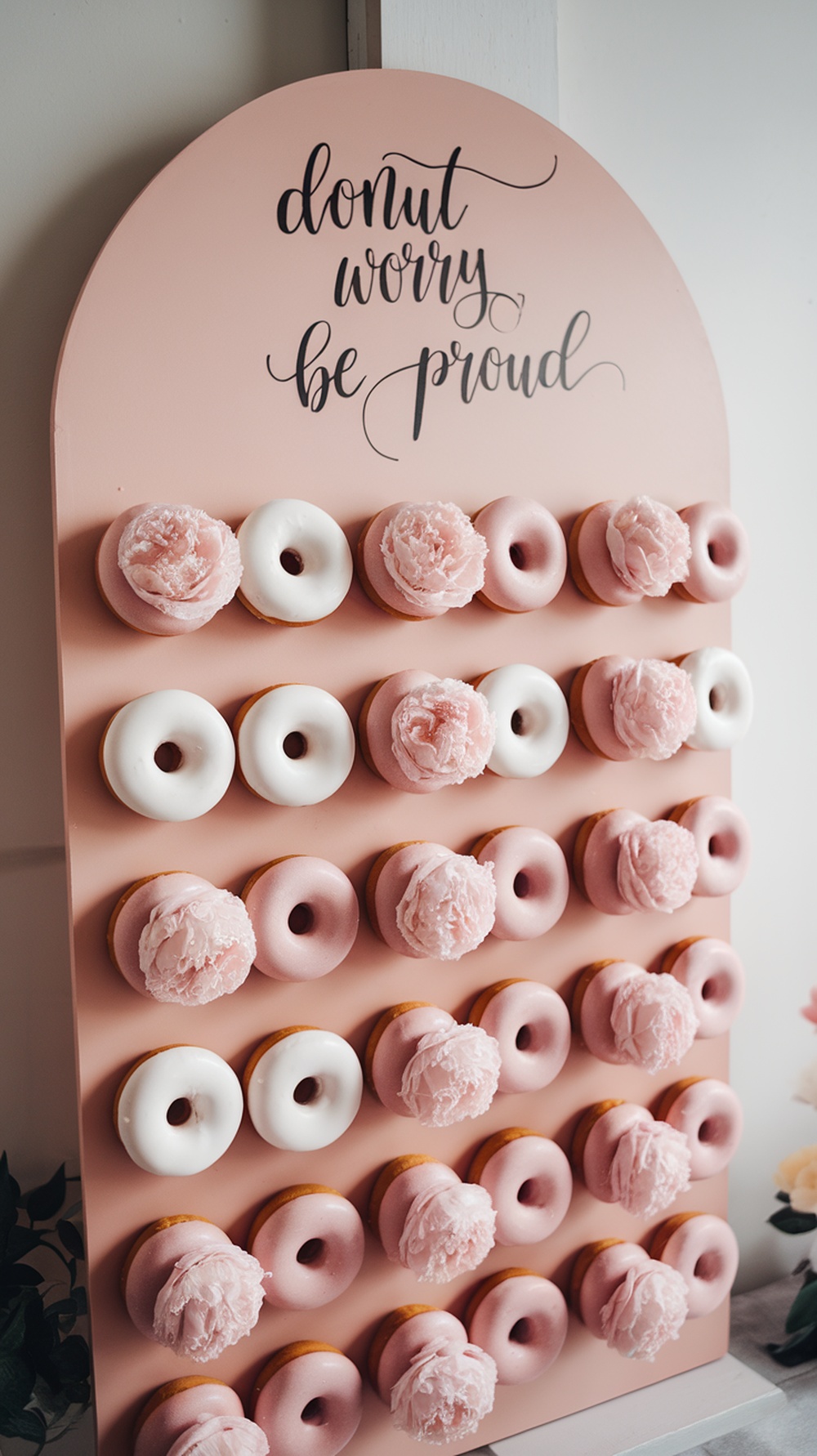 A blush and cream donut wall with various donuts and a sign that says 'donut worry be proud'.