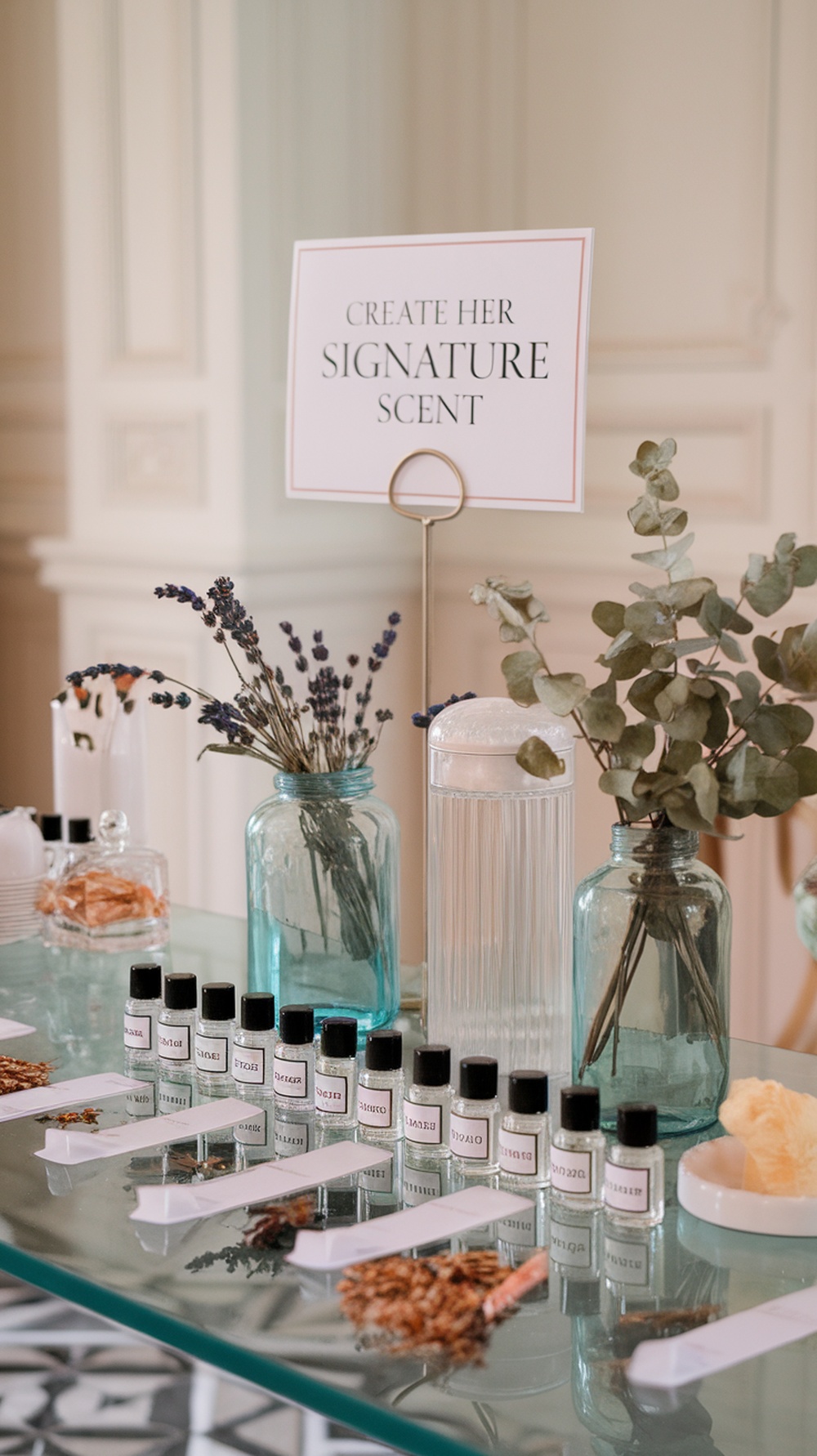 A perfume bar setup with essential oils, decorative jars, and a sign for creating signature scents.