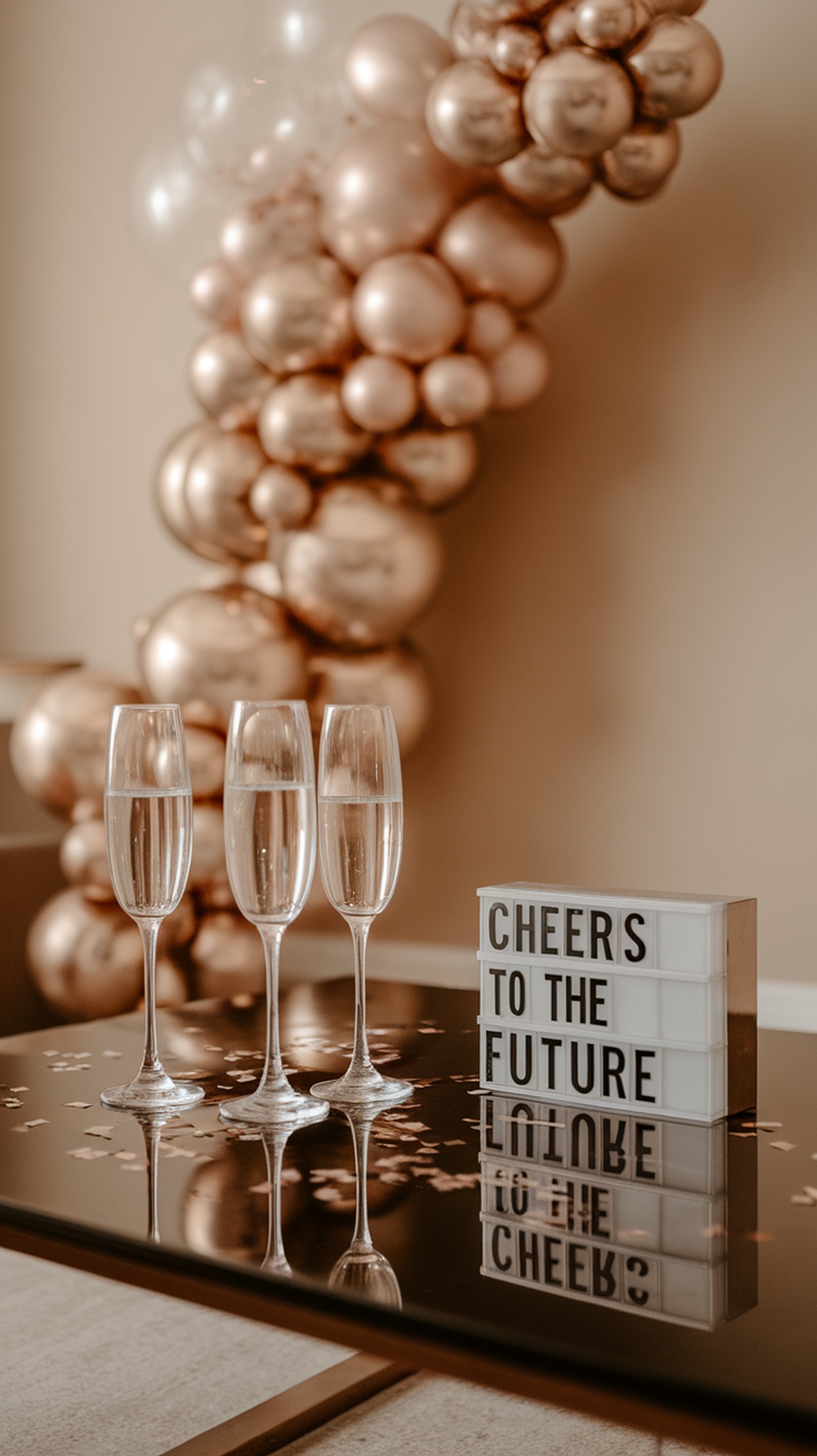 A stylish living room setup for a graduation party featuring champagne flutes, a balloon arch, and a sign that reads 'Cheers to the Future.'