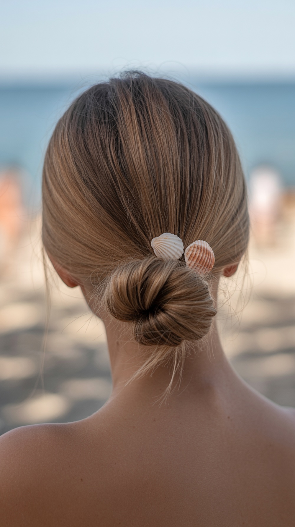 A low twisted bun hairstyle adorned with a shell accent, perfect for a beach wedding.