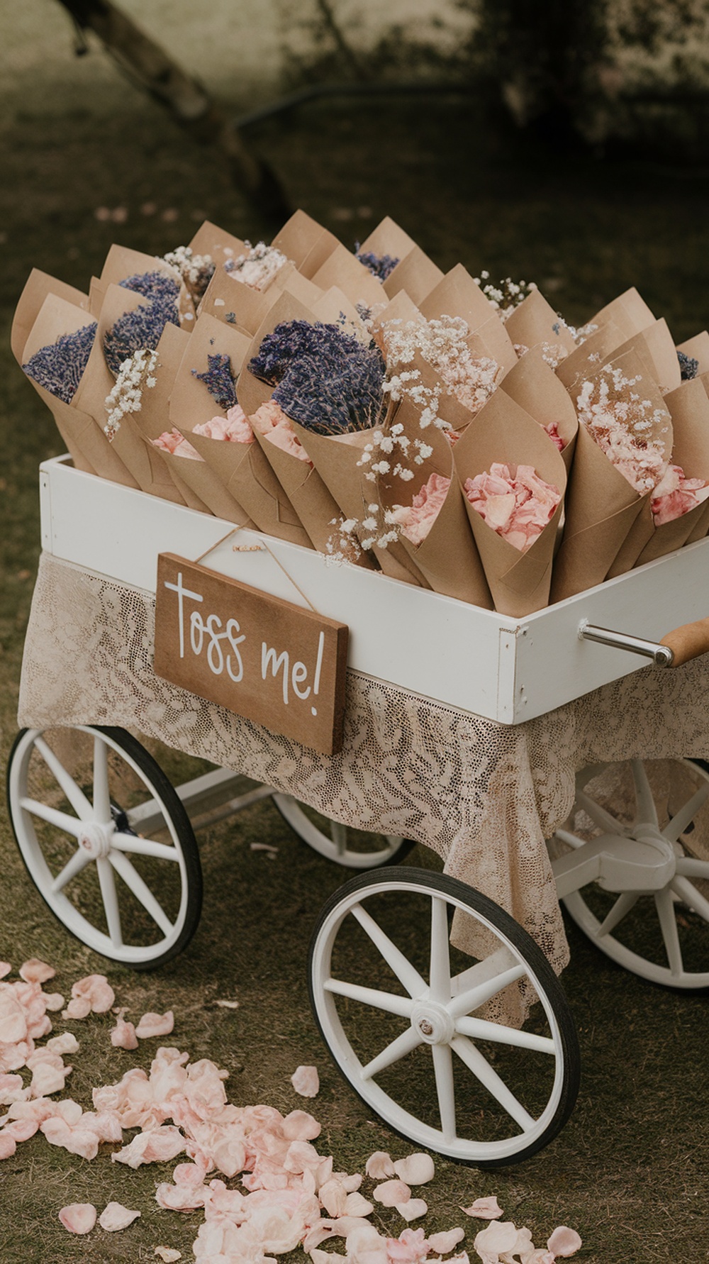 A cart filled with flower cones, decorated with a lace tablecloth and a sign that says 'Toss Me!'