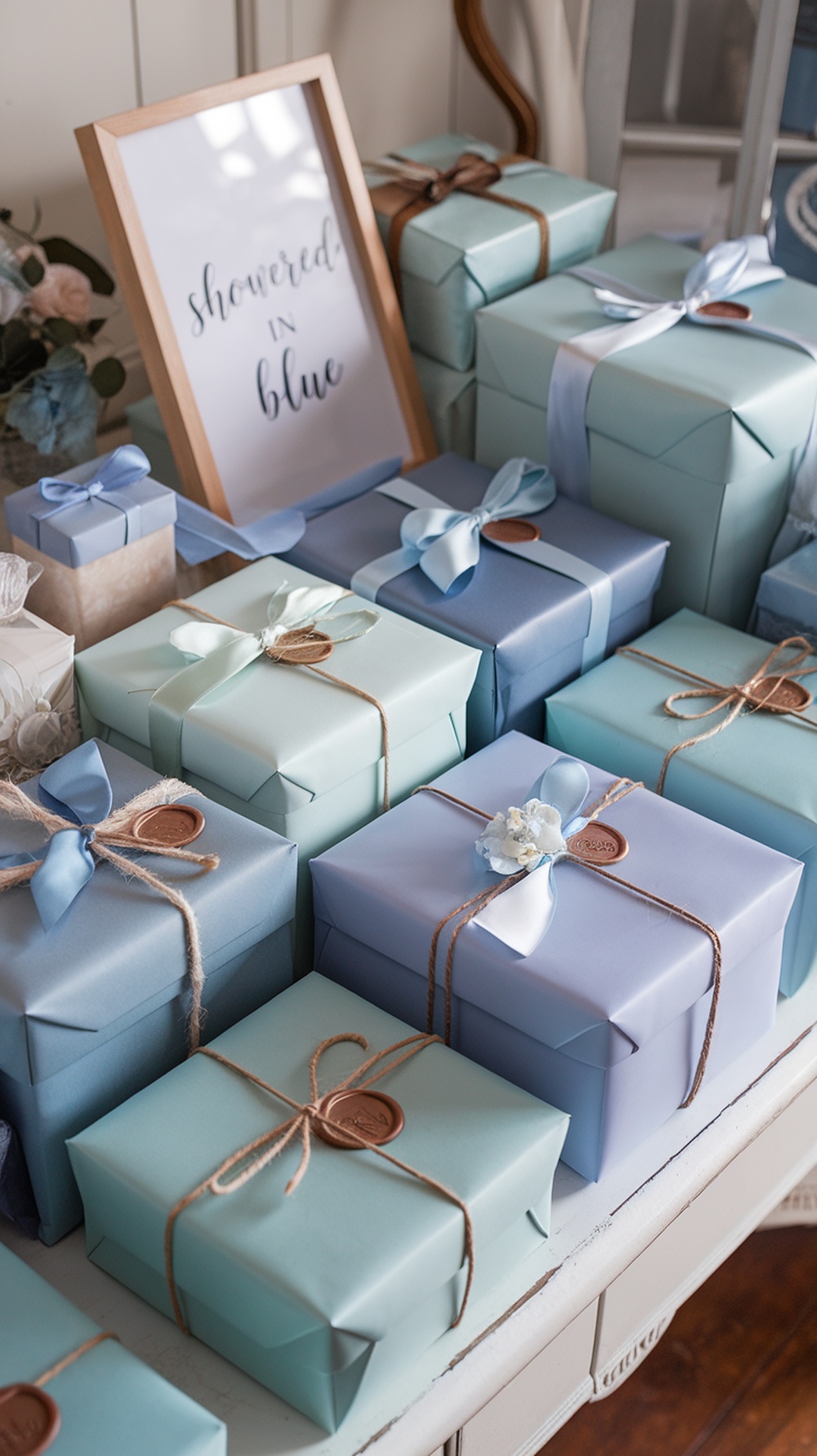 A beautifully arranged gift table for a bridal shower featuring blue wrapped gifts and a sign that says 'Showered in Blue'.