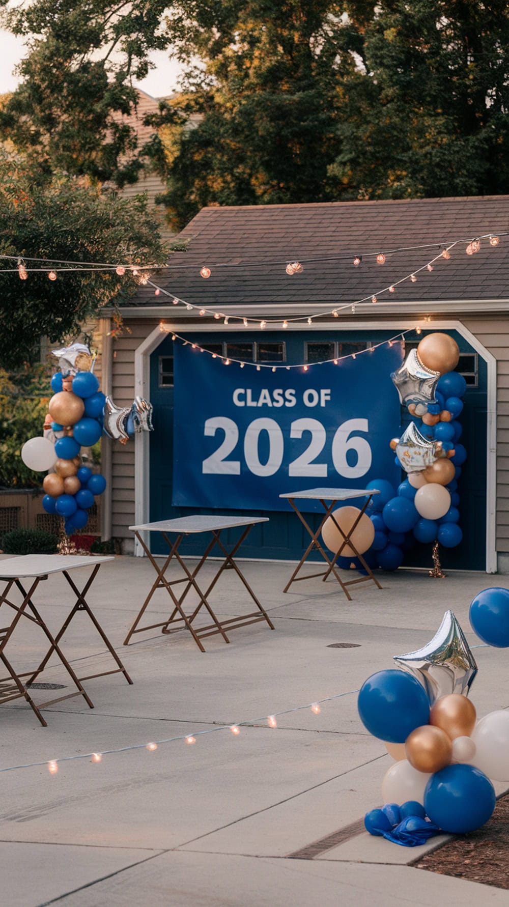 Outdoor graduation party setup with a banner, balloons, and tables