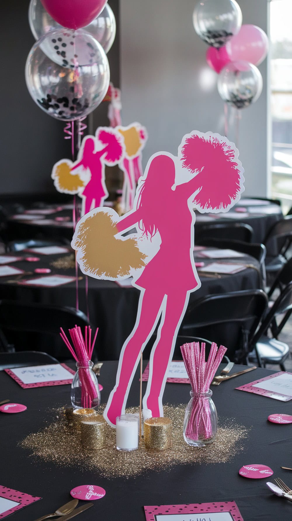 Cheerleader silhouette centerpieces with pink and gold decorations for a graduation party.