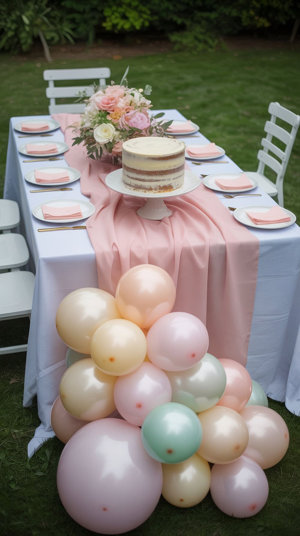 A graduation party table decorated with a pastel balloon runner, a layered cake, and floral arrangements.